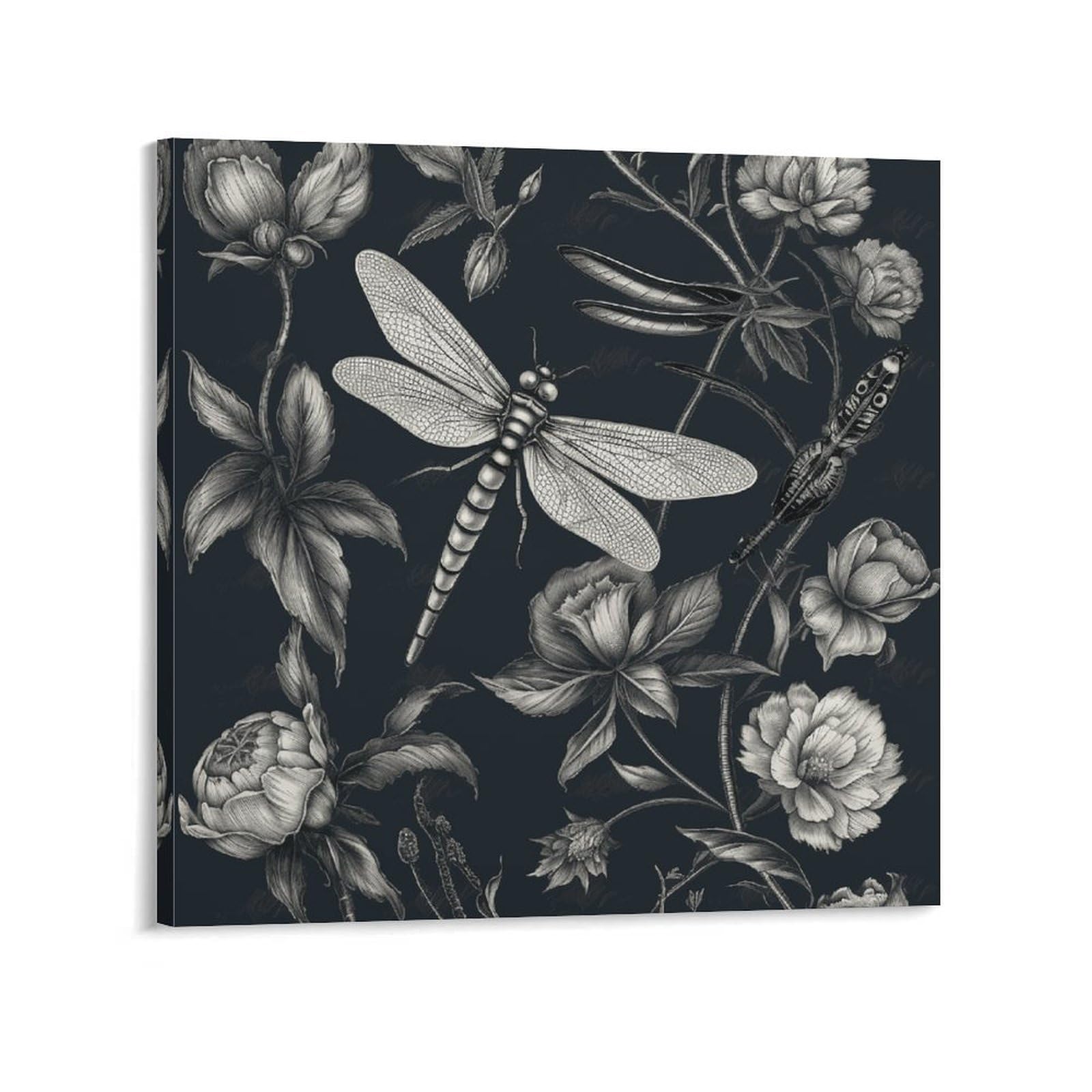 Black Flowers And Dragonfly Canvas Wall Art for Bedroom 28x28inch(70x70cm) Canvas Prints Artwork for Walls Modern Picture Artwork Painting for Living Room Aesthetic Wall Paintings for Bathroom Kitchen