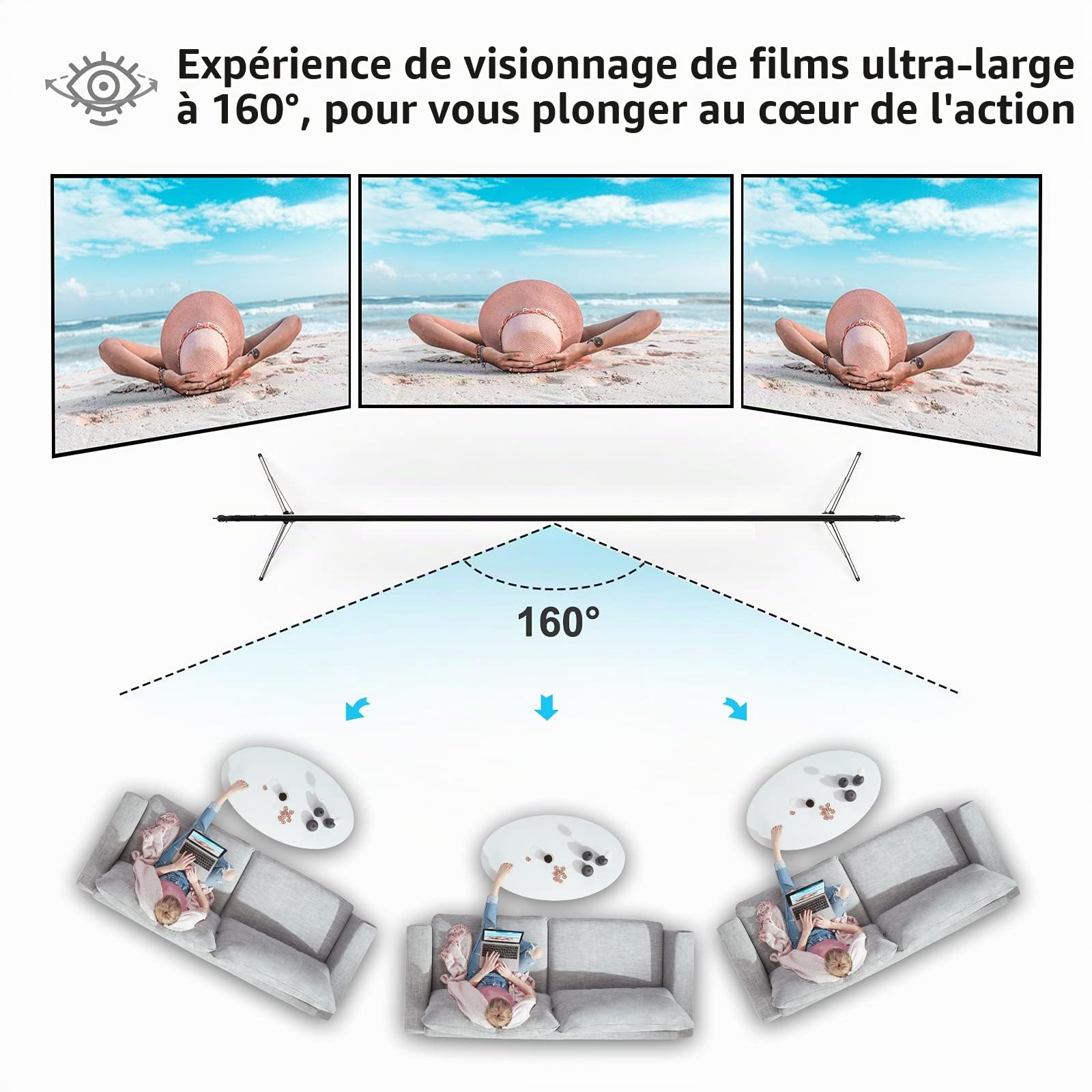 Vamvo extérieur/intérieur Vidéoprojecteur écran avec support pliable portable film d'écran 304,8 cm (16 : 9) Full-set Sac pour le camping et les événements de loisirs Home Cinéma 100inch