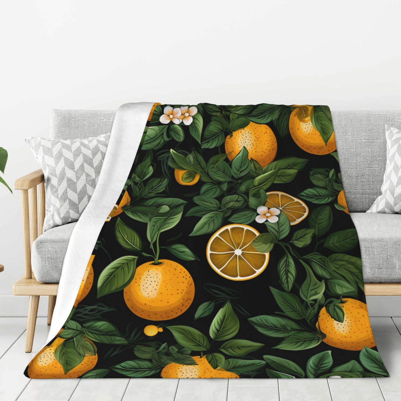Couverture en flanelle super douce grand plaid lit et sofa oranges et feuilles 203x152