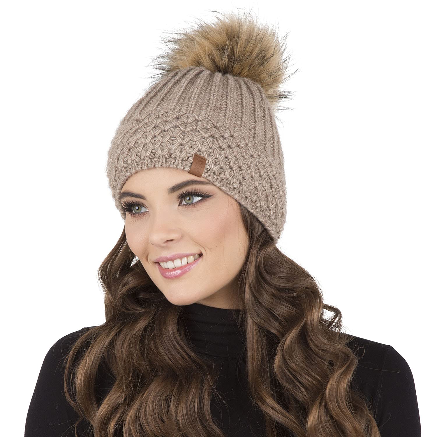 Vivisence Women's Winter Hat with Pom Pom Warm Ideal for Cold Days 7016, Beige,UNI