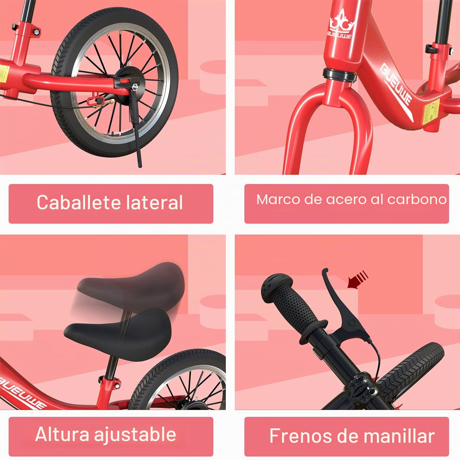 Bicicleta Sin Pedales con Freno de 2-6 años, Bici Equilibrio de 14 Pulgadas con Caballete y Timbre, Altura de Sillín Regulable, hasta 40kg, Juguetes pour Niña y Niños