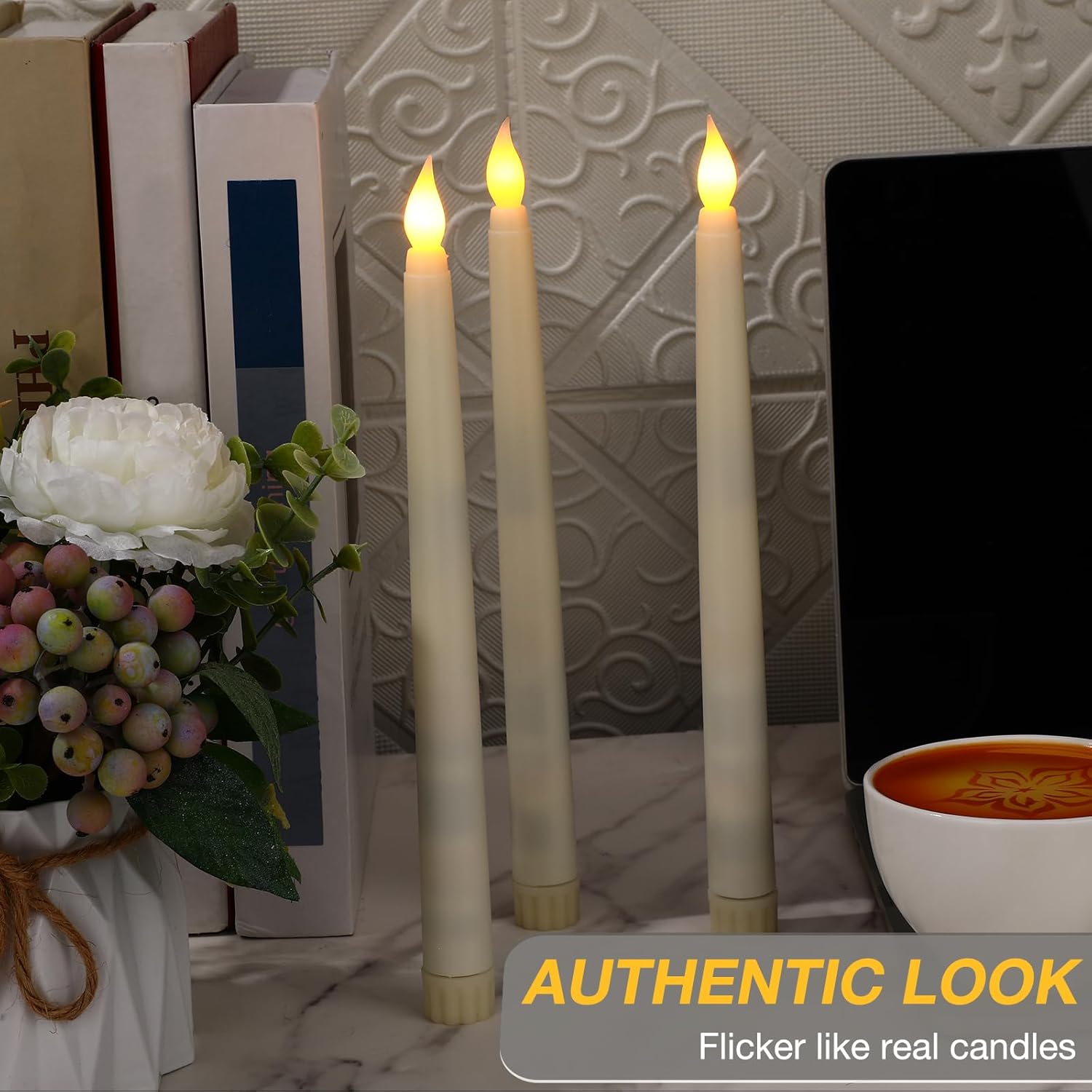 Tuanse 50 Pcs Flameless Taper Candles with Remote Timer and Dimmer Ivory Battery Operated CandleSticks LED Flickering Flameless Candle for Wedding Home Christmas Halloween Party Decor(9.7 Inch)