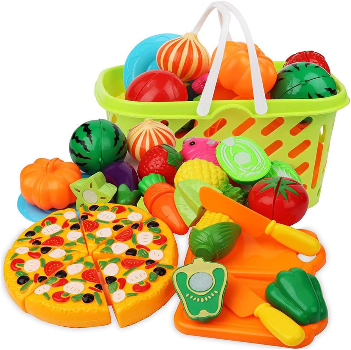 Cutting Play Food Kitchen Pretend - Grocery Basket Toys for Kids 40pcs Children Girls Boys Educational Early Age Basic Skills Development, Include Fruits Vegetables Pizza Knife Mini Dishes