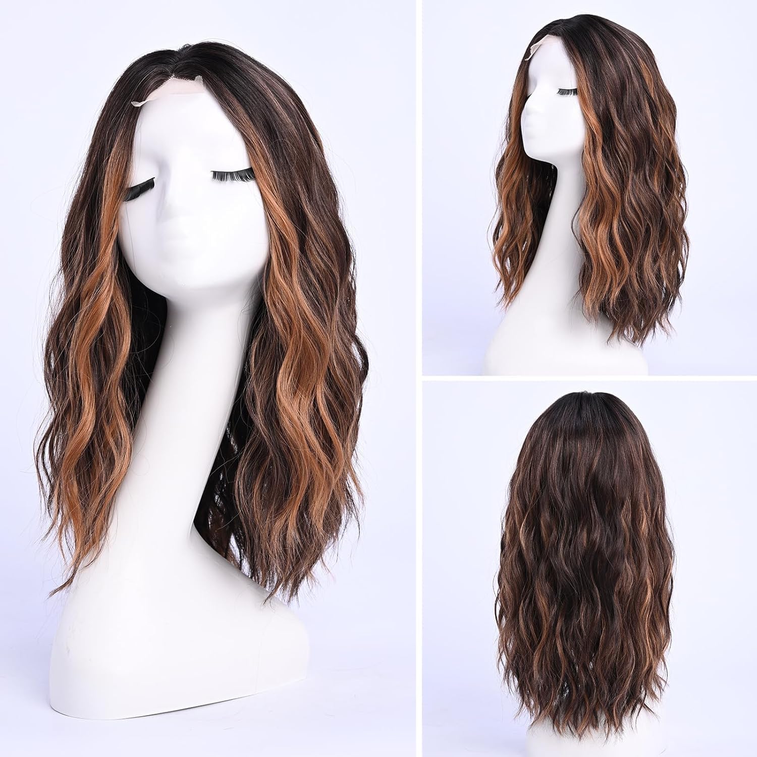 YaissmyLu Dark Brown with Highlight Medium Length Wigs for Women Brown Mixed Gold Wig Middle Part Synthetic Hair Wigs Wavy Highlights Natural Hair for Daily Party Use Colourful Wig