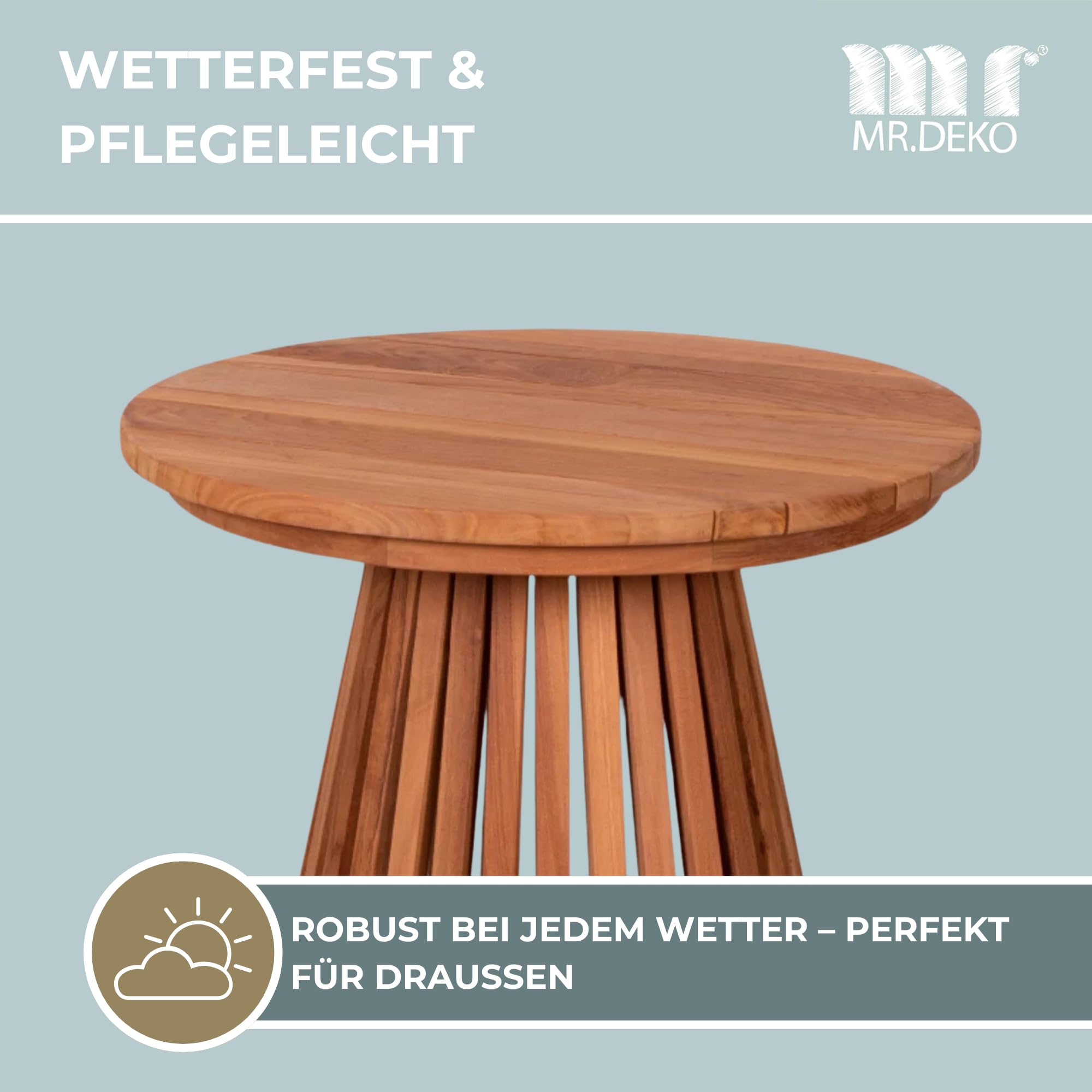 MR. DEKO Beistelltisch Outdoor wetterfest Bolton Balkontisch Rund 50cm | wetterfest Teakholz small