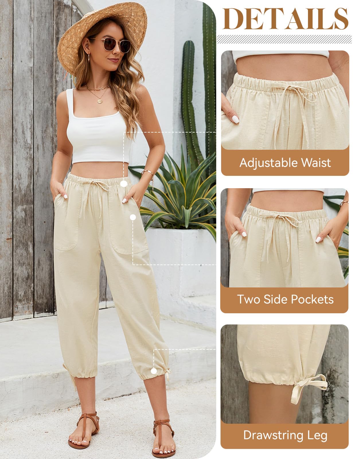 Pantalones Mujer Verano Lino Algodón 3/4 Cordón Bolsillos Flojo Playa Anchos Ligeros
