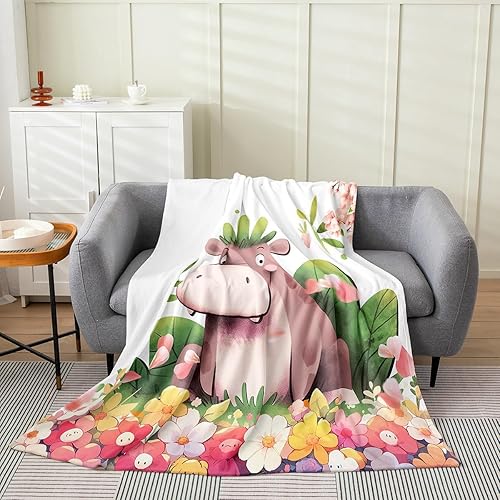 Erosebridal Manta de hipopótamo de dibujos animados, tamaño Queen de 90 x 90 pulgadas, bonita manta de forro polar con diseño de animales, flores de
