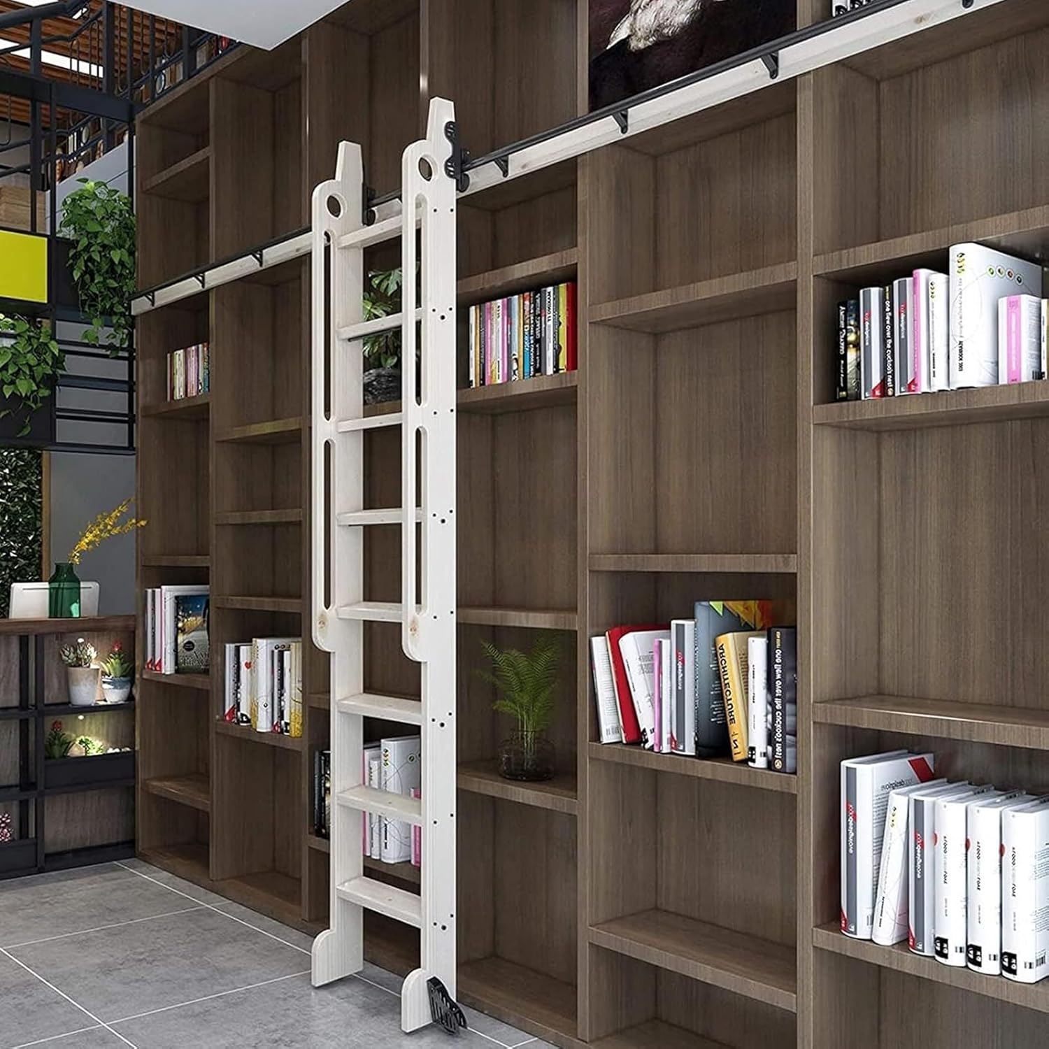 100-600cm Sliding Ladder Library Full Set Hardware Rolling Track, Retractable Round Tube Mobile Ladder Rail with Floor Roller Wheels (No Ladder)(16ft/500cm Track kit)