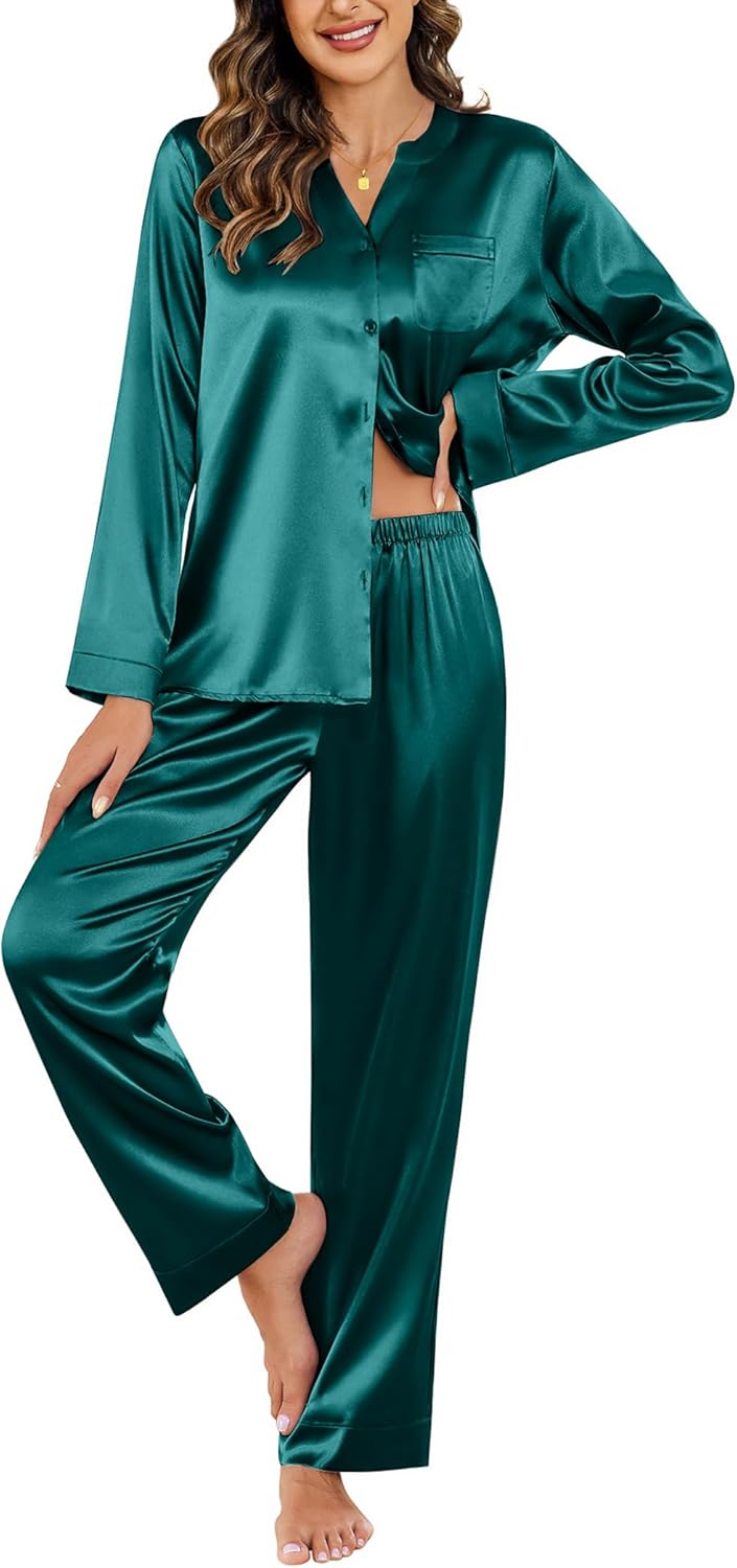 Ekouaer Silk Pajamas For Women 2 Piece Set Satin Pjs Long Sleeve Button Up Sleepwear Comfy Lounge sets