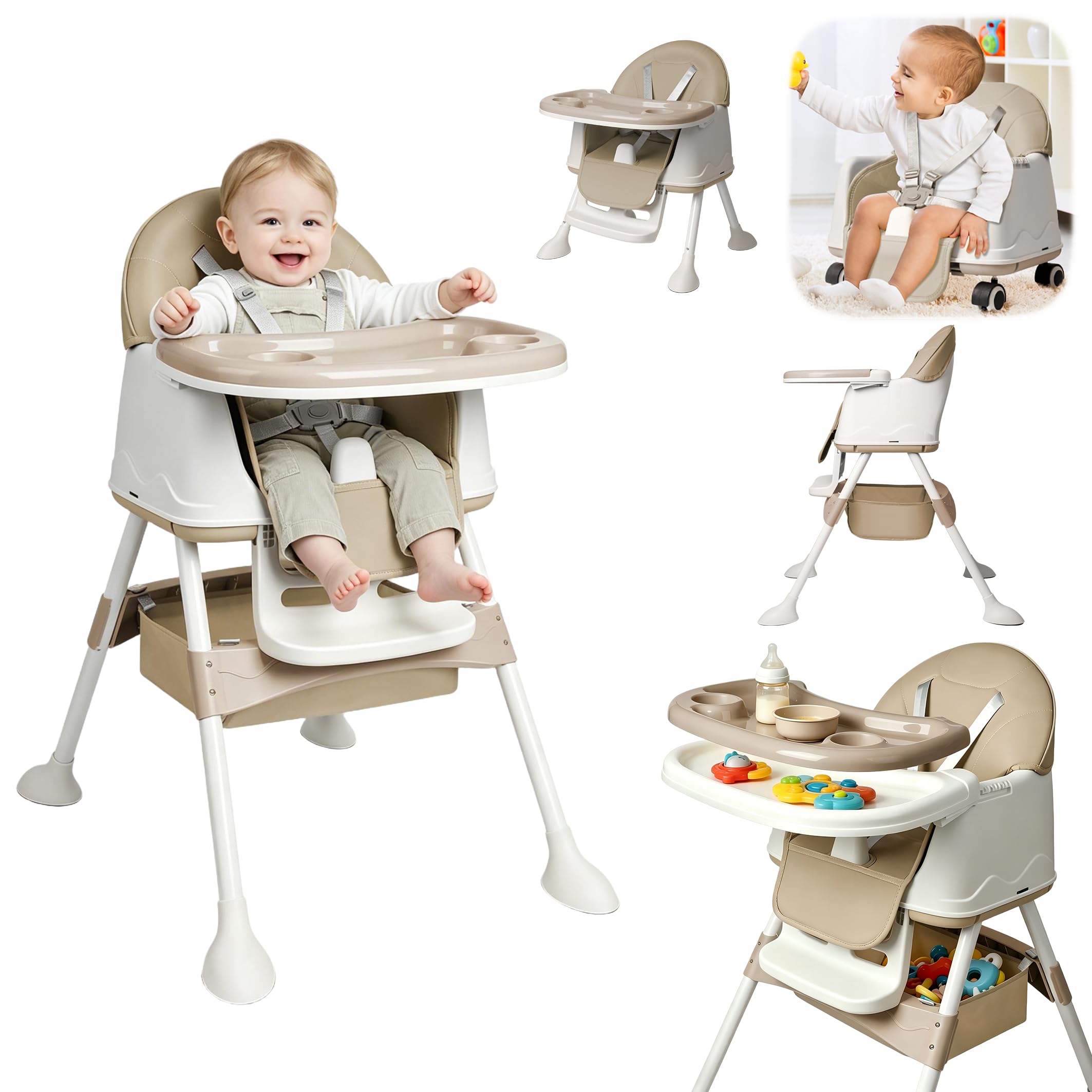 XMTECH Kinderhochstuhl 4-in-1 mit Tablett rutschfeste Füße bis 20kg