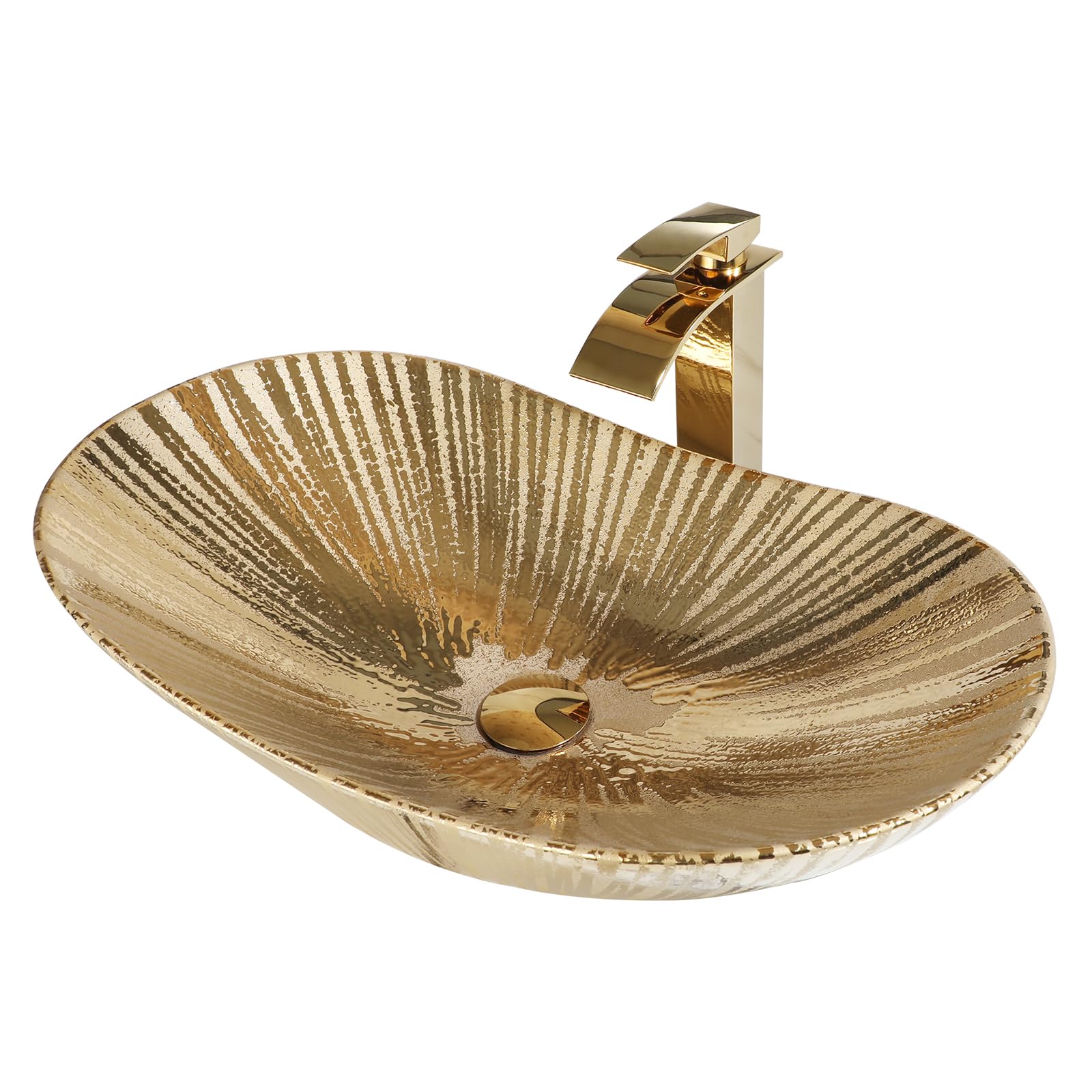 Gold Badezimmer Gefäß Waschbecken Oval Combos Wasserhahn und Ablauf-Set Keramik Waschbecken über Theke Schüssel Waschbecken für Badezimmer Bootsform Gefäß Waschbecken Gold Badezimmer