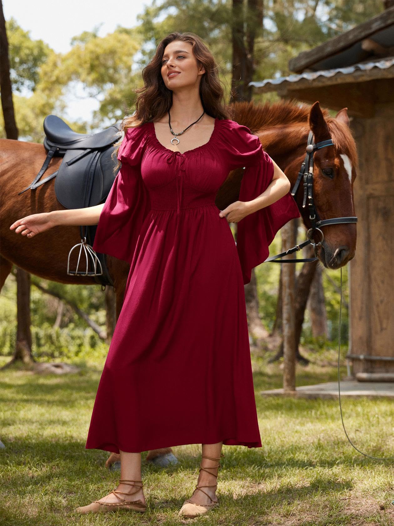 SCARLET DARKNESS Women Renaissance Dress Diamond Neck Agaric Lace Long Slit Sleeves Medieval Dresses Wine Red XL - Image 3