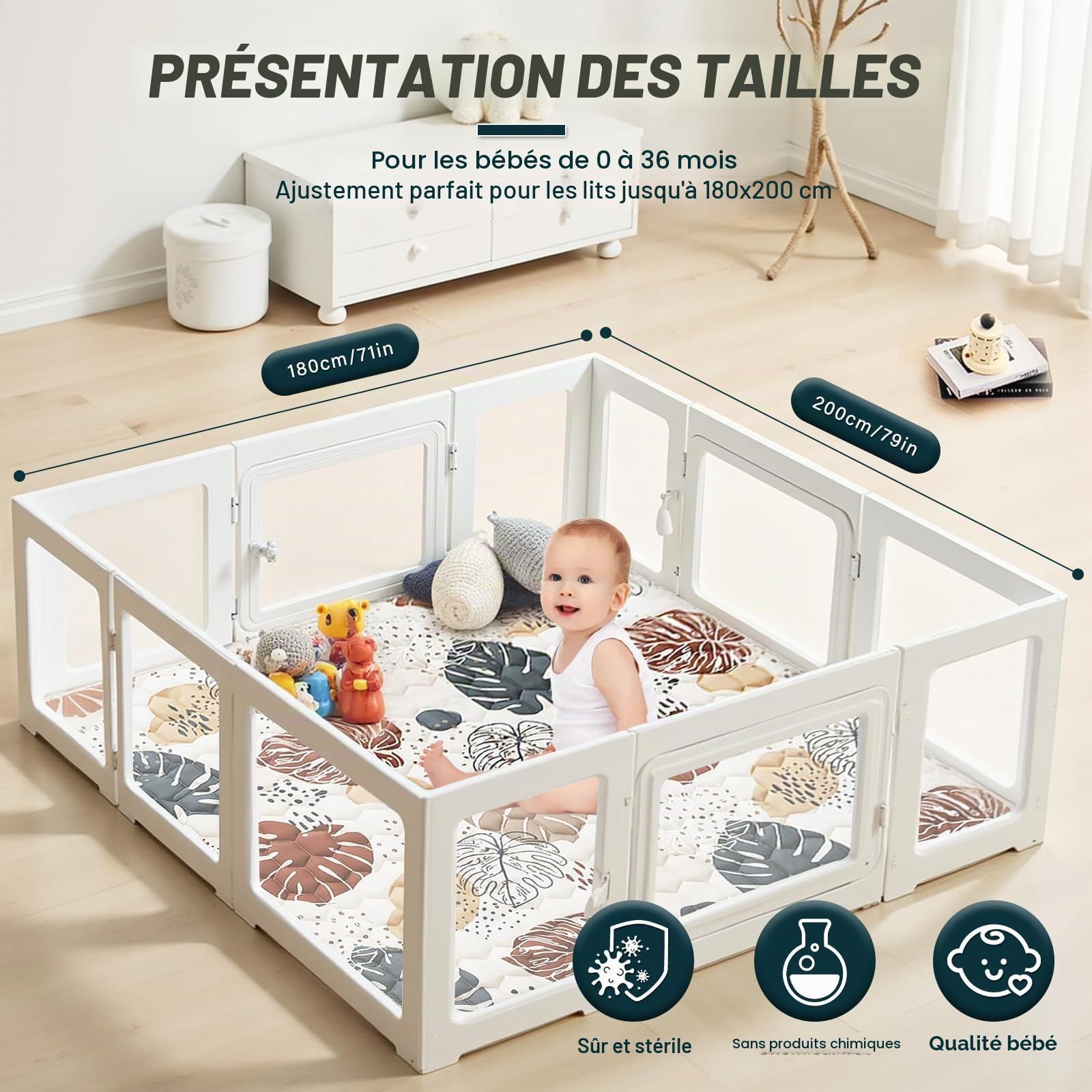 Tapis d'eveil Bebe épaissi Tapis de Jeux Bebe: Tapis de Motricité - Antidérapant Lavable en Machine Pliable Tapis Sol Bebe de Jeu pour Parc (180 * 200cm)