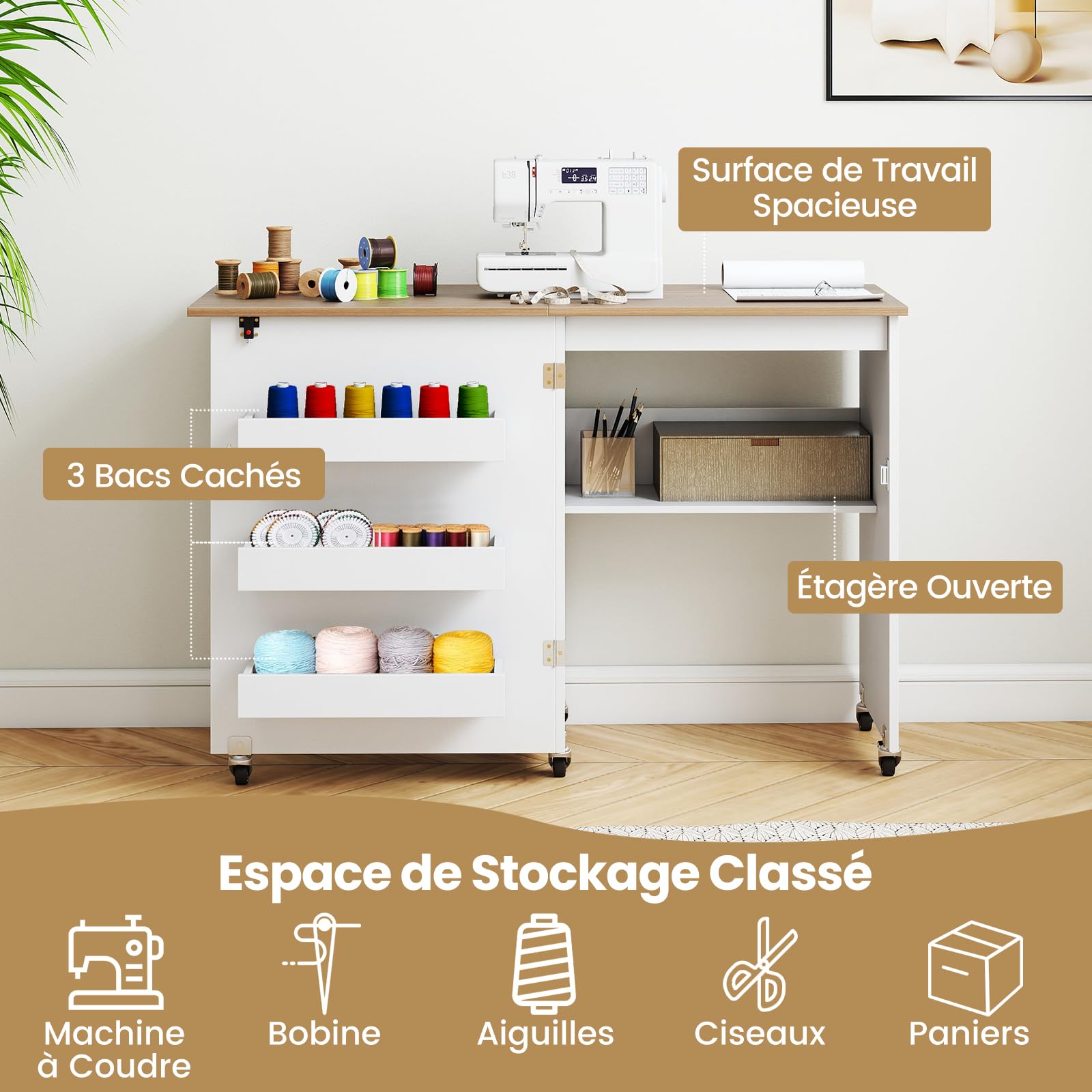 COSTWAY Table de Couture Pliante à roulettes, Armoire pour Machine à Coudre Roulante avec Étagère de Rangement, 3 Bacs Cachés, Meuble Couture pour Salon, Bureau, Studio (Blanc+Naturel)
