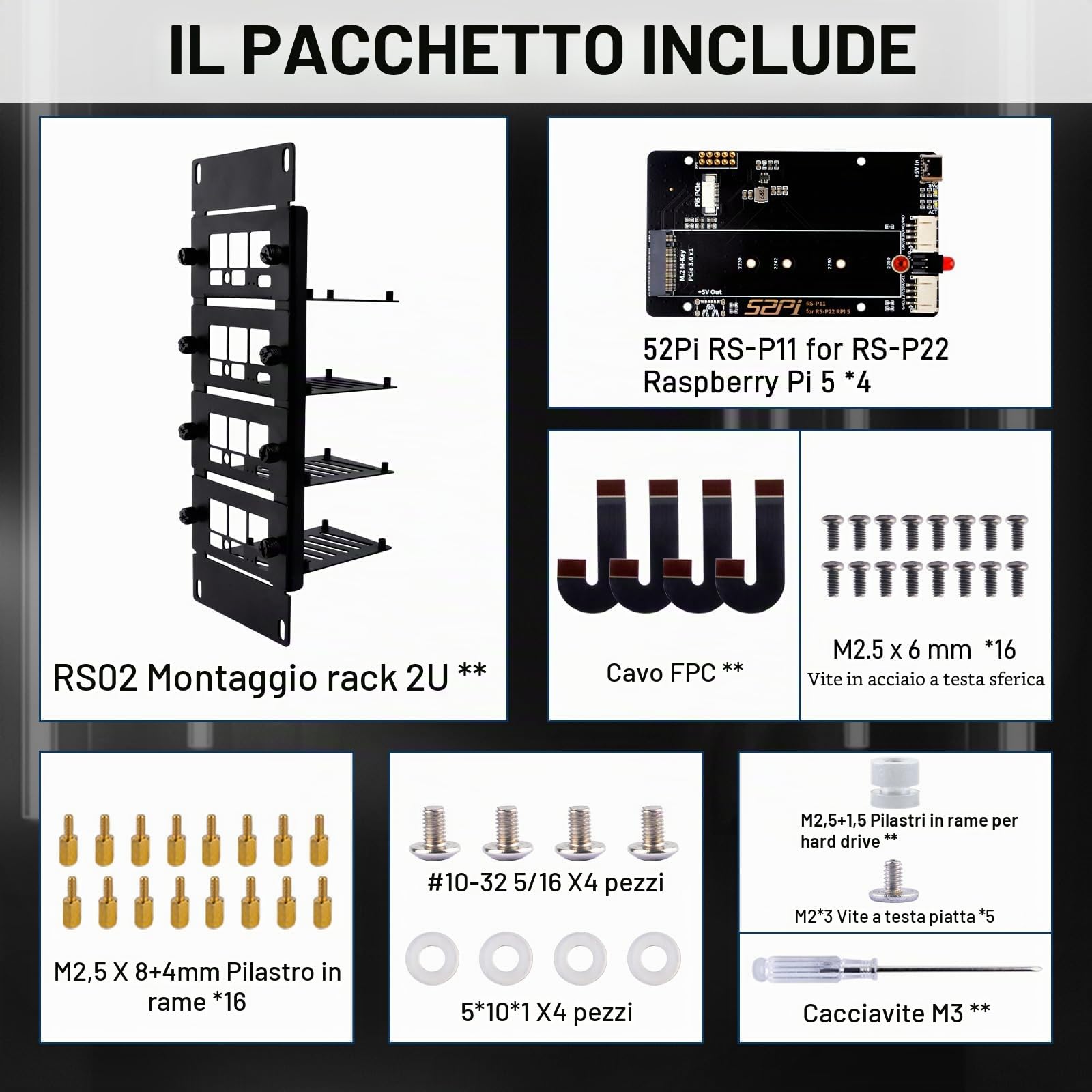 GeeekPi 10 pollici 2U Rackmount for Raspberry Pi 5, with 4PCS PCIe to M.2 NVMe SSD Adapters, Holds up to 4 Raspberry Pi 5 Boards, Compatible with DeskPi RackMate T1/T0/T2/10 inch Server Rack