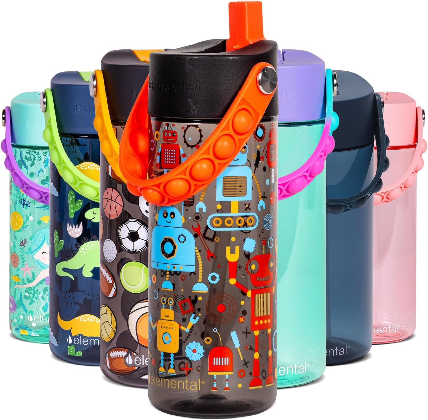Elemental Water Bottles for Kids – Splash Kids Water Bottle for School with Pop-it Handle – BPA Free Tritan Plastic Water Bottle with Straw Leak Proof when Spout is Closed – Blue Robot – 18oz Elemental Water Bottles for Kids – Splash Kids Water Bottle for School with Pop-it Handle – BPA Free Tritan Plastic Water Bottle with Straw Leak Proof when Spout is Closed – Blue Robot – 18oz