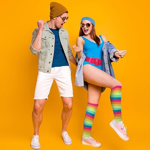 Miniatura 7 de Disfraz de entrenamiento de los años 80 para Halloween, conjunto de accesorios de neón, calentadores de piernas de arcoíris, cinturón rosa, banda