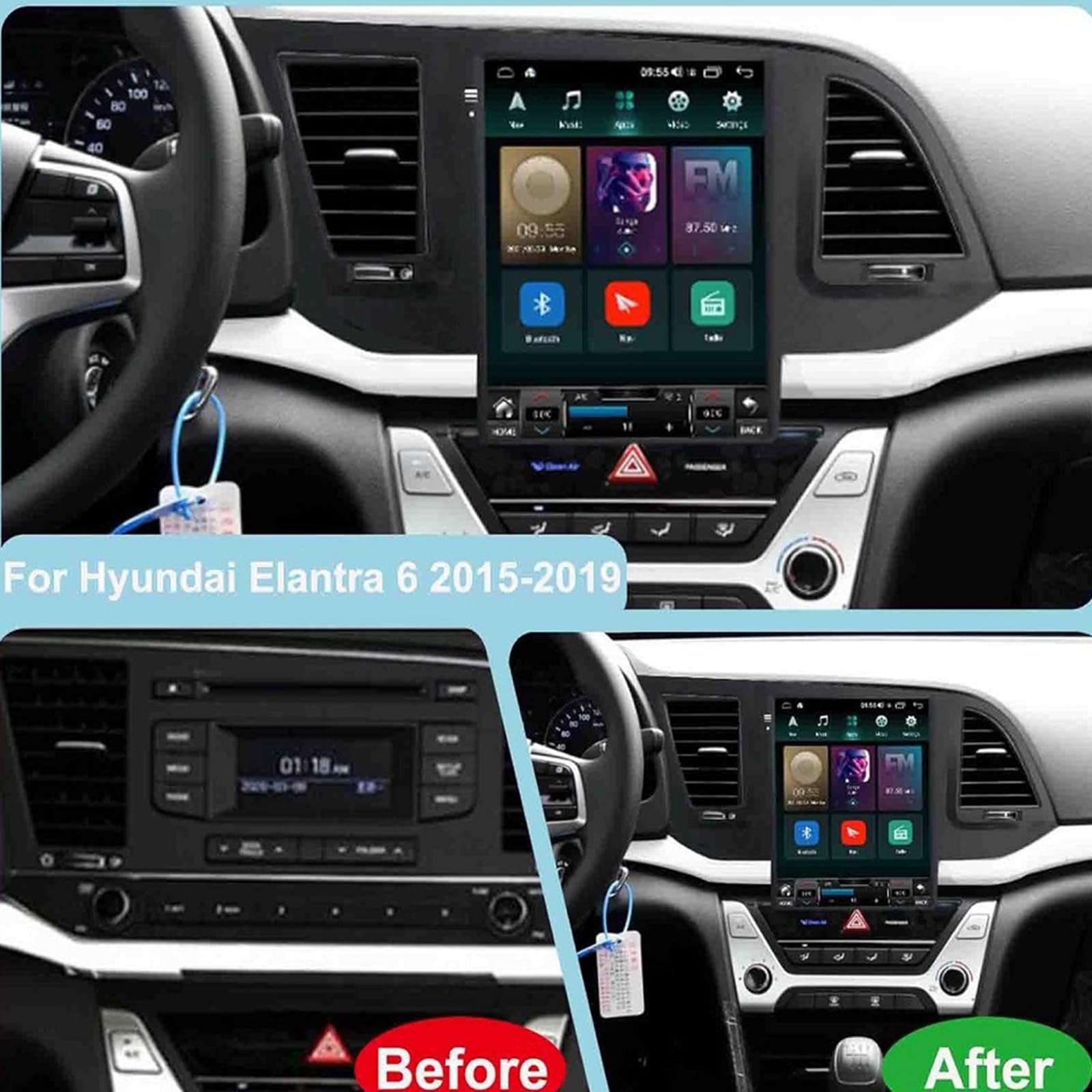 Radio Samochodowe 2 Din Do Hyundai Elantra 6 2015-2019 Z Bezprzewodowym CarPlay I Android Auto Ekran 9,7 Cala Stereo Samochodowe Mirror Link Bluetooth GPS SWC/FM/AM/RDS Kamera Cofan(Color:4G 8G+256G)