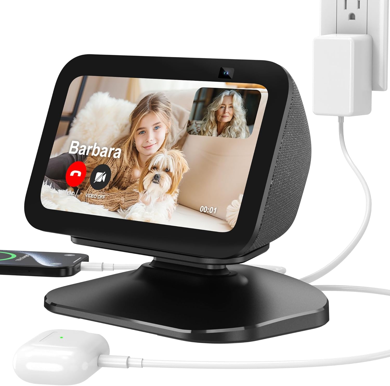 PlusAcc Stand for Show 5 (3rd Gen) – Adjustable Table Holder with 2 Charging Ports (USB-C & USB-A), Tilt Magnetic Base Station for Charge Cellphones and Earbuds, Non-Slip Base (Black)