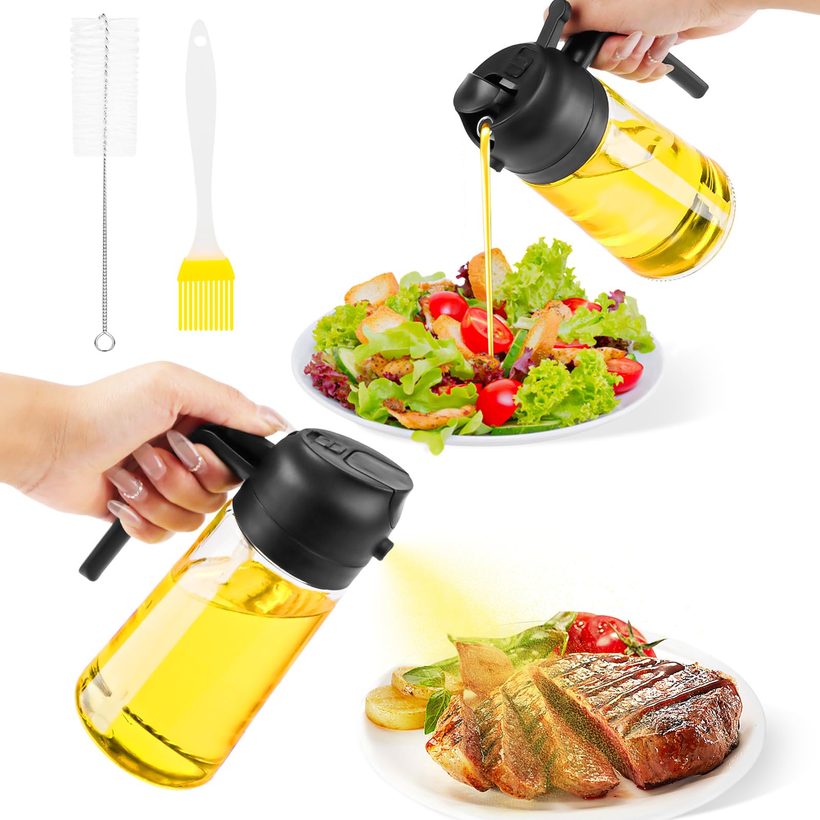 LWMTT 2 en 1 Pulvérisateur d'Huile 470ml - Spray Renforcé en Verre pour Une Cuisine Précise et Polyvalente (Noir)