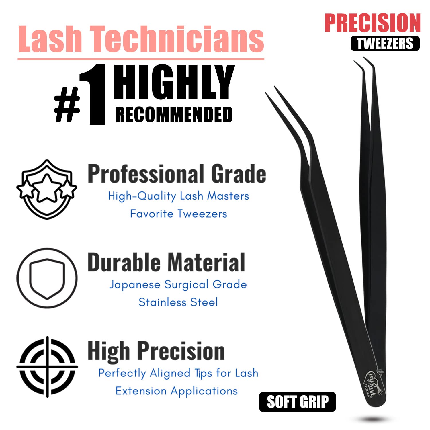 My Lash Tools - Pinzette isolanti per ciglia finte, ideali per isolamento individuale e ciglia classiche, in acciaio inox giapponese, leggere, di precisione, colore nero