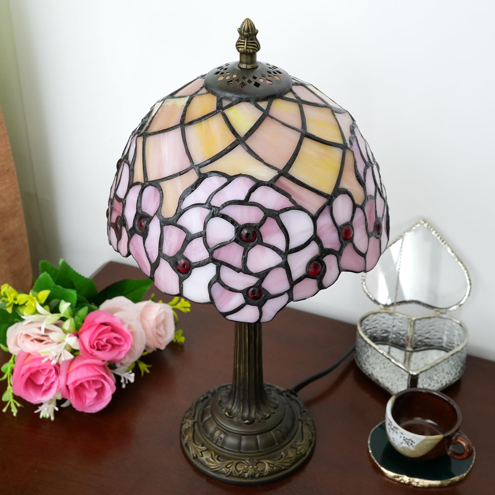 Lampe de table en verre teinté Tiffany 8X8X14 pouces Lampe de lecture de bureau Décor à côté de la chambre Salon Maison (fleur de cerisier)