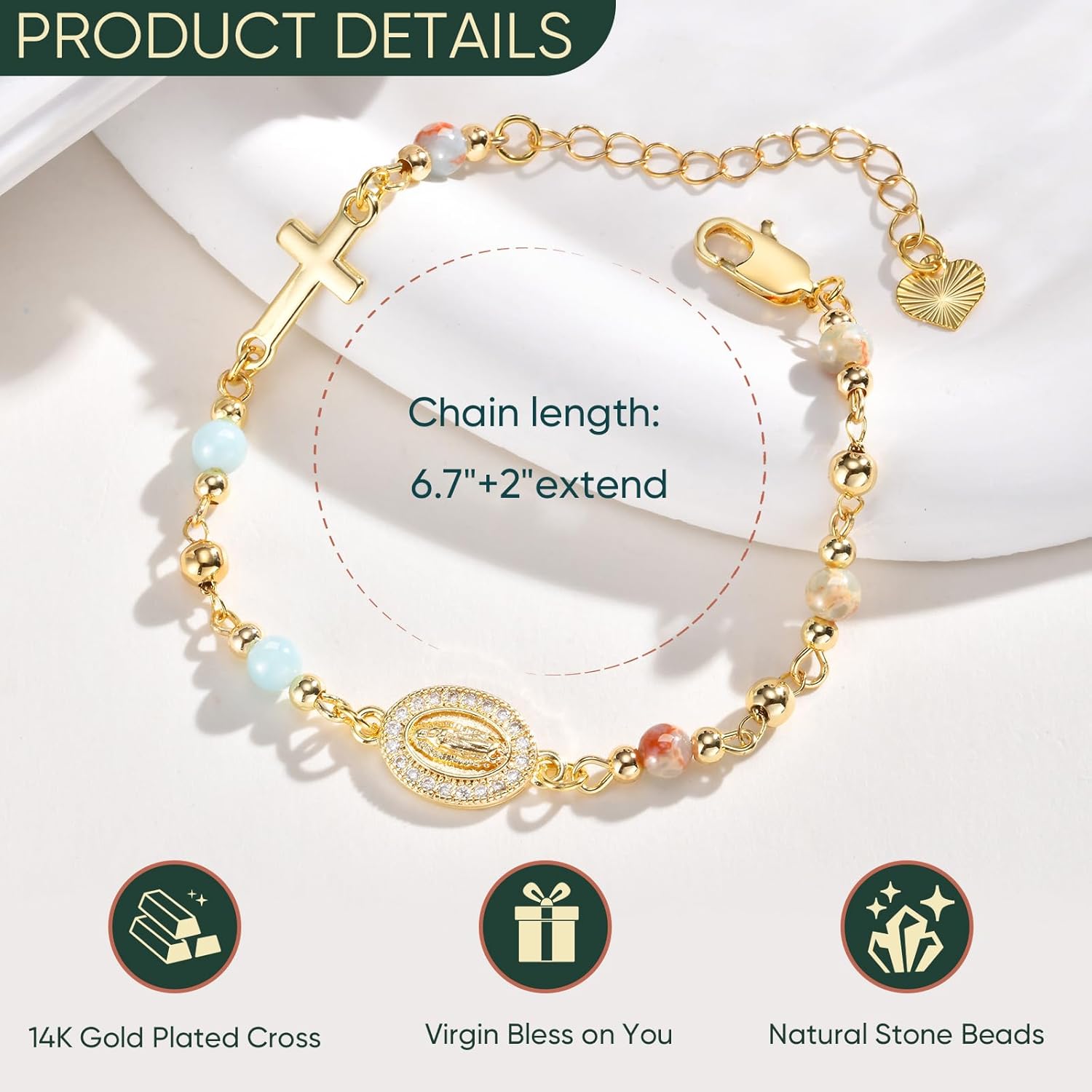 Women's Gold Virgin Mary Bracelet - 14K Gold Plated Religious Cross Bracelet,Dainty Golden Non Tarnish Virgen De Guadalupe Natural Stone Beaded Jewelry,Catholic Faith Baptism Confirmation Gift for Her - Image 4