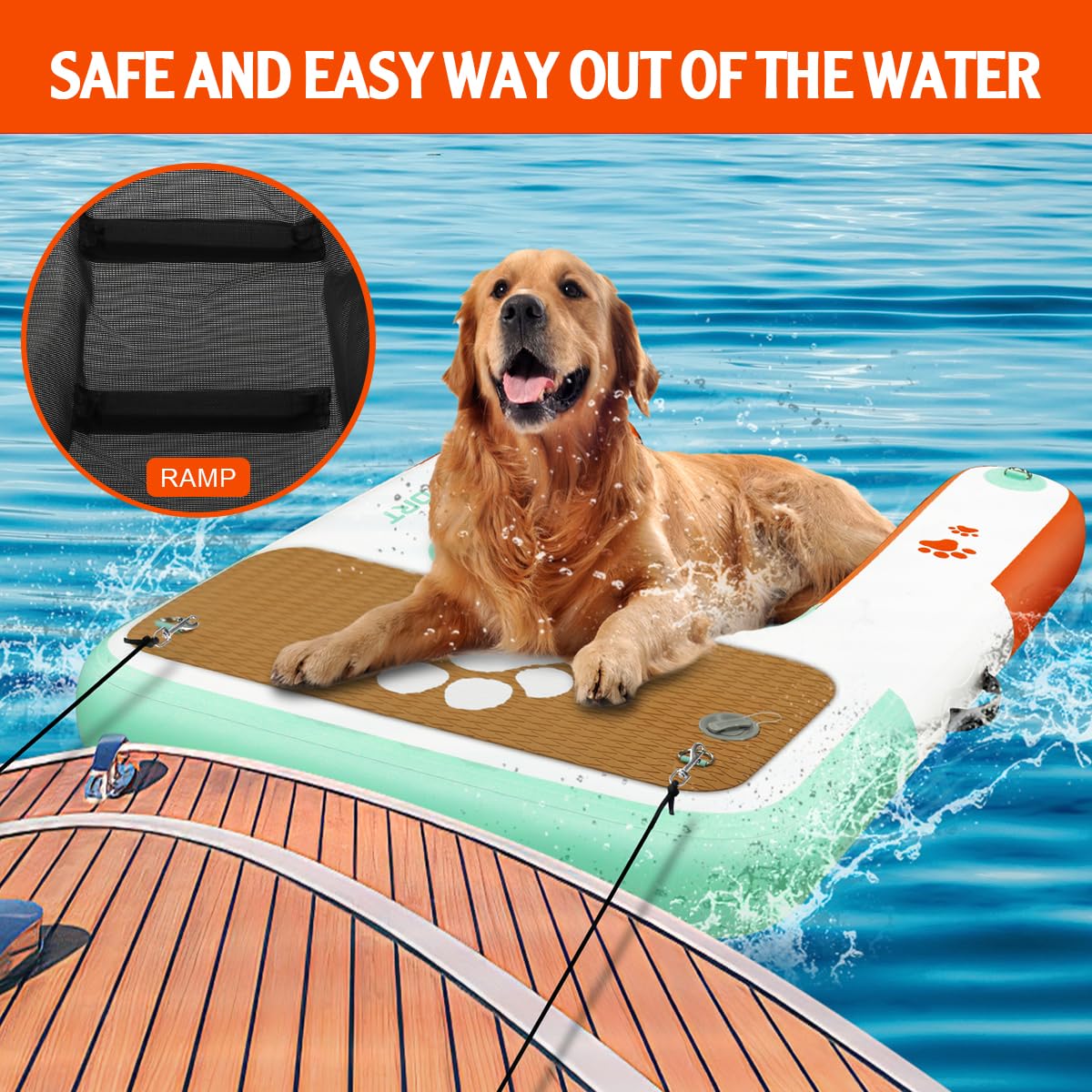 Rampa Gonfiabile per Cani per Accesso all'Acqua, Scala Galleggiante Antiscivolo in EVA per Piscine, Barche e Laghi, Supporta Cani fino a 100 kg
