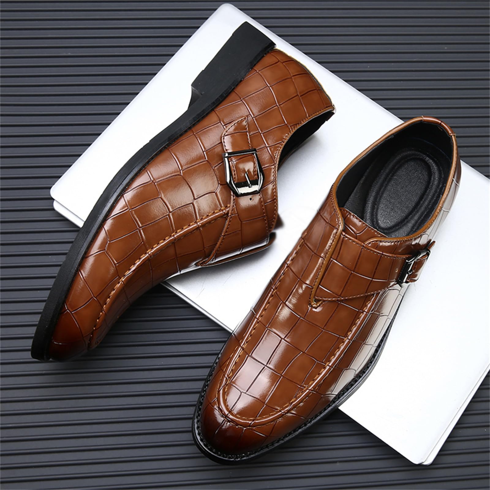 Zapatos Formales Monje De Hombre con Hebilla De Cuero Patentado Mocasines De Vestir Sin Cordones para Trabajo De Negocios
