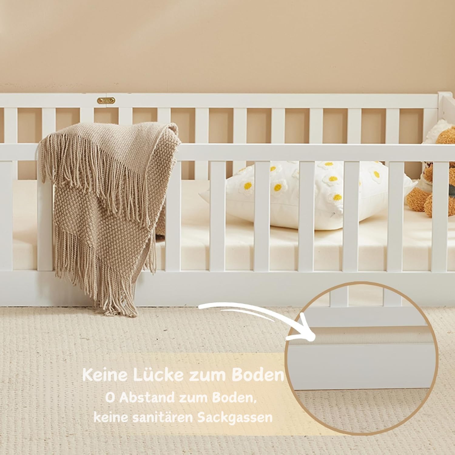 LALAHO Montessori - Lettino da pavimento 2 in 1, con uscita laterale, 90 x 200 cm, protezione dalle cadute e rete a doghe, trasformabile dalla culla al letto dei ragazzi, 2 misure, portata 300 kg
