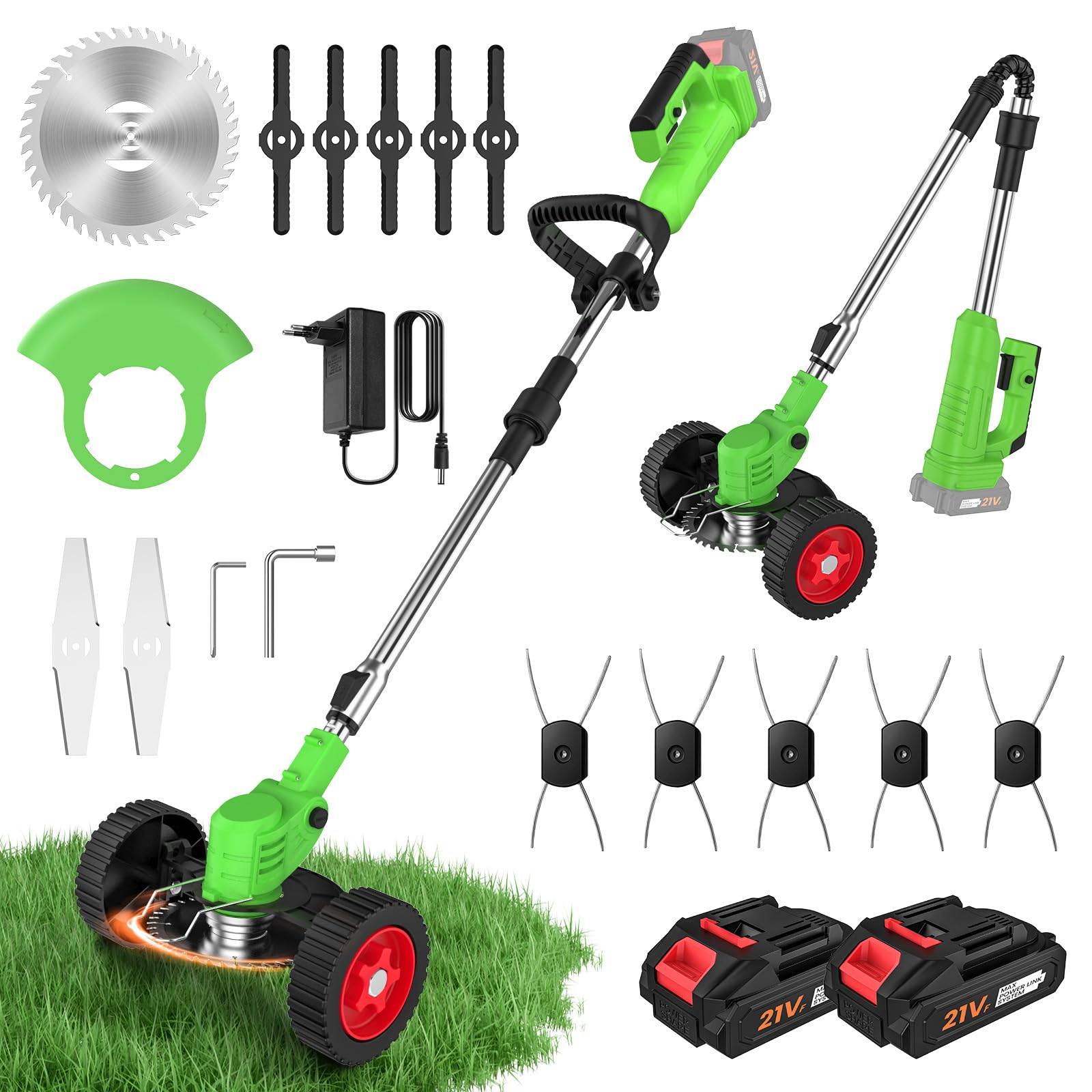 Desbrozadora a Batería Plegable con Ruedas, Cortabordes Eléctrico 800W 4 en 1, 2 Baterías 21V, Compatible con Makita 18V, 13 Accesorios, Cabezal 90°, Mango Ajustable, para Jardín y Maleza