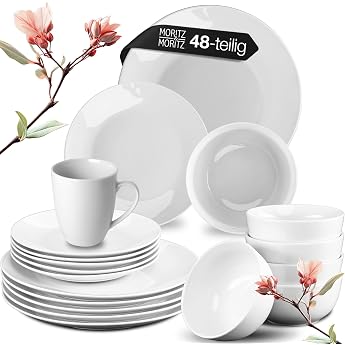Moritz & Moritz Basic Series Tableware Set for 12 People with Coffee Cups - 48-Piece Porcelain White Crockery Set - Plate Set with Dinner Plates Dessert Plates Cereal Bowl & Cups