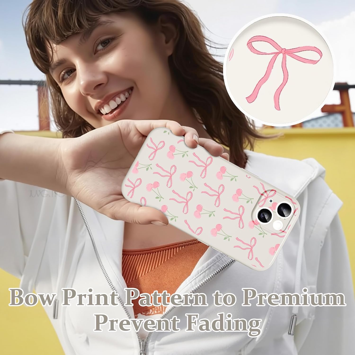 Cute Bow Phone Case for iPhone 13 6.1", Aesthetic Pink Cherry Ribbon Bowknot Pattern Print Design Women Girly Case Gloss Raised Camera Protective Cover Soft Slim Silicone Shockproof TPU Funda - Image 7