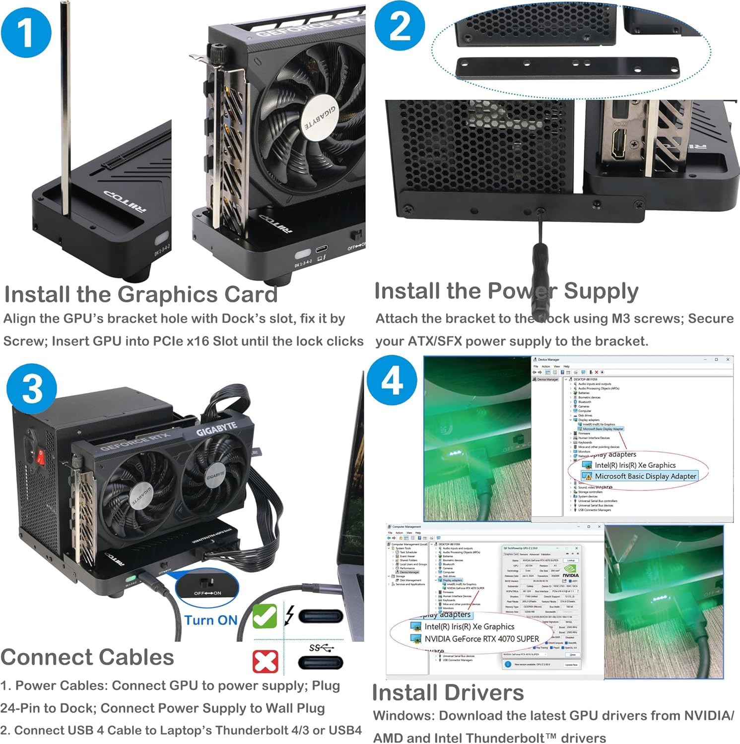 RIITOP Alloggiamento eGPU da 40 Gpbs USB4.0 compatibile con Dock GPU esterno Thunderbolt 4 per scheda grafica PCIe 4.0 X16