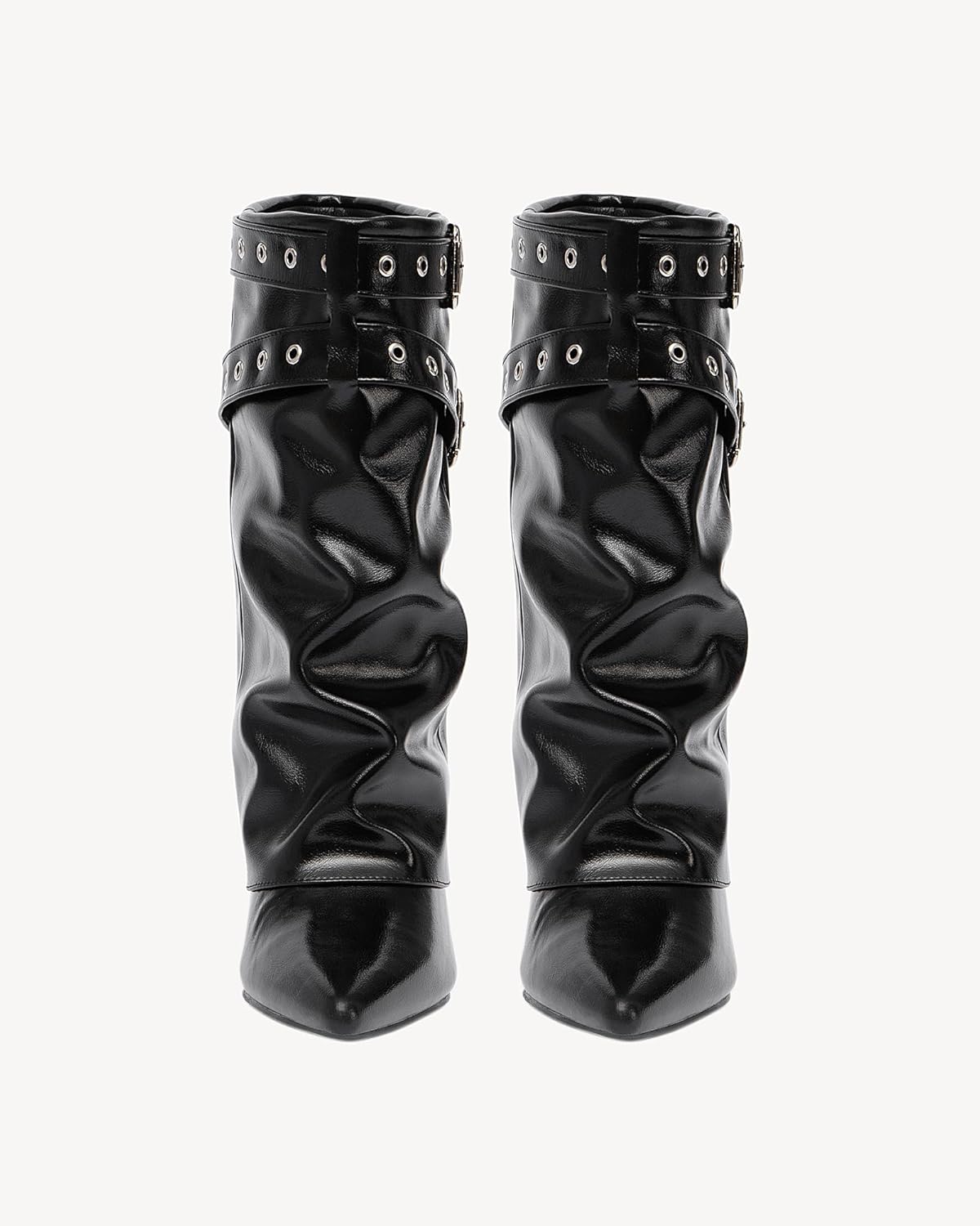 NEWBELLA Fold-Over Mid-Calf Boots for Women - Pointed Toe Stiletto Heel Boots with Buckle Detail, Versatile for Dressy & Casual Outfits