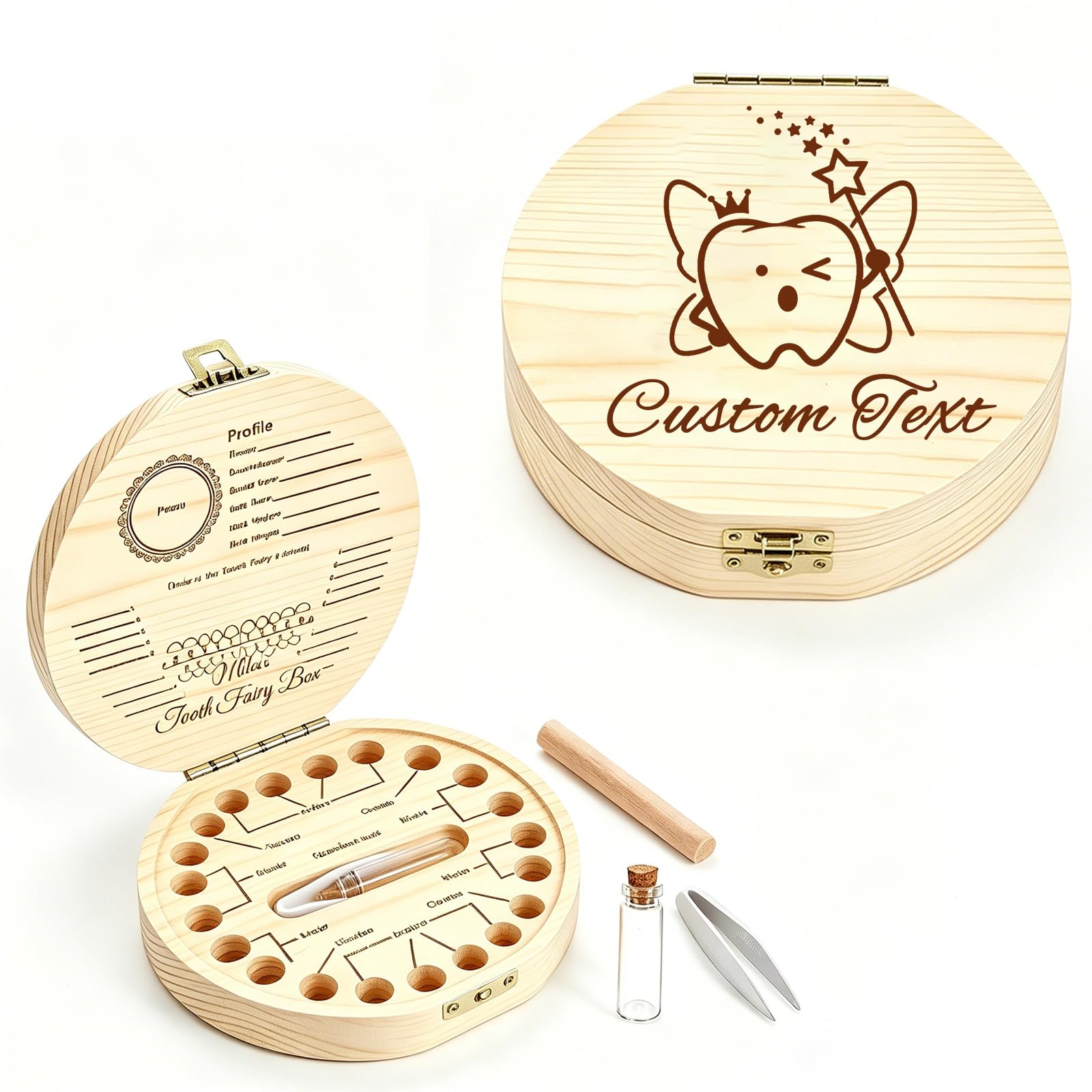 QSZ Personalized Wooden Tooth Keepsake Box with Name Text Custom Umbilical Cord Keepsake Box for Boys Girls Tooth Fairy Tooth Holder Gift for Full Moon Birthday (Tooth Fairy Kit - 3)