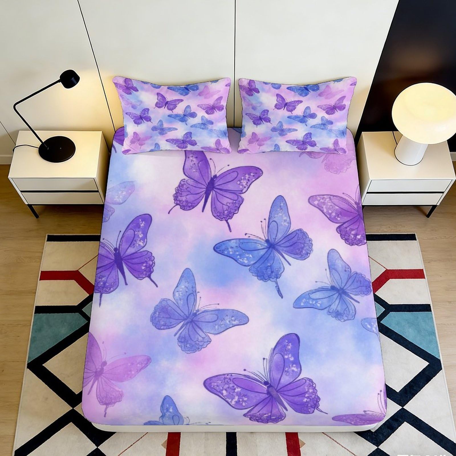 3D Printed Butterfly Microfiber Fitted Sheet Deep Pocket Non-Slip Bedroom Bedding Butterfly Mattress Fitted Cover for Adults Teens 200x200x25cm