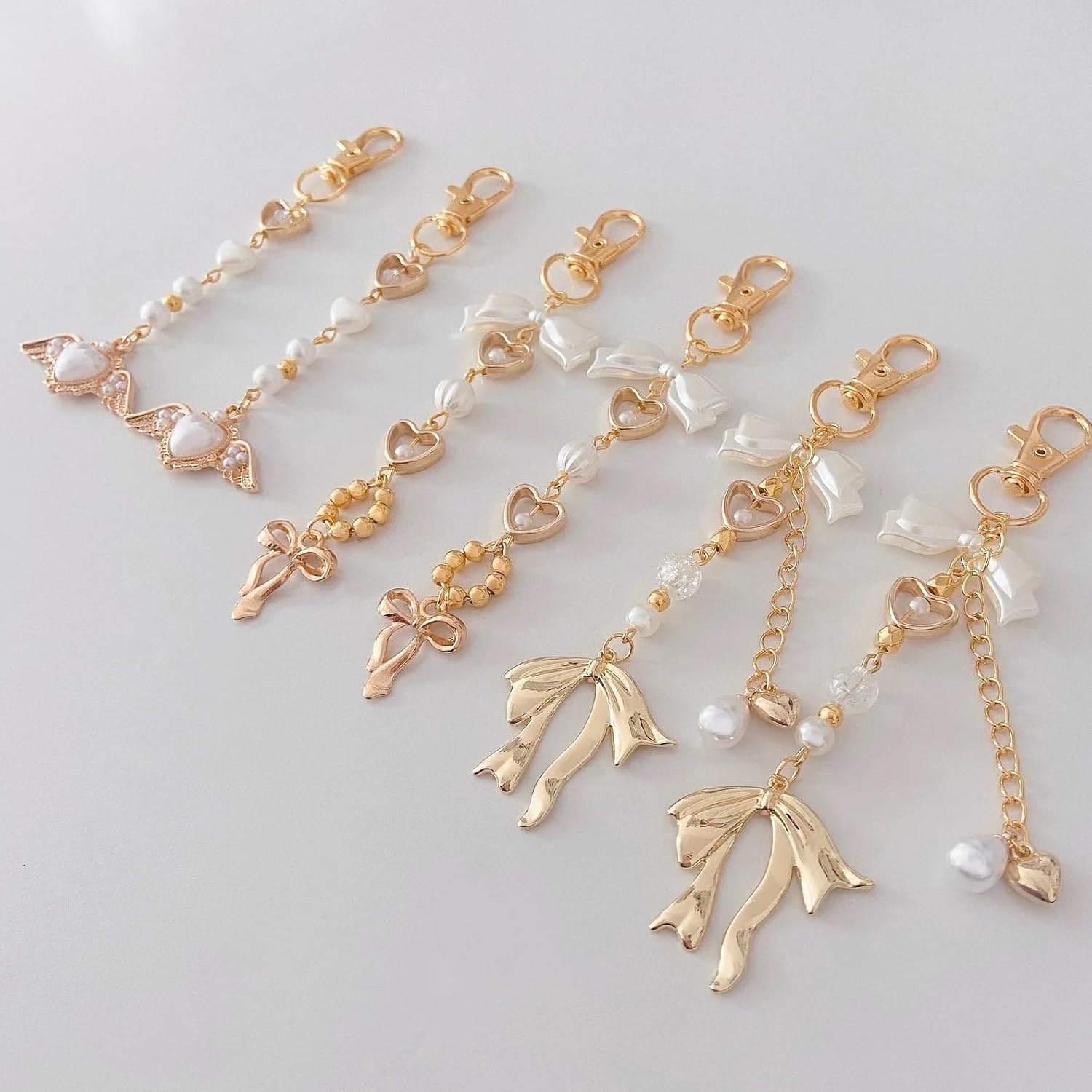 Agromusk Gold Bow Keychain Bag Charms for Women Heart Pearl Beaded Coquette Aesthetic Purse Charms - Image 5