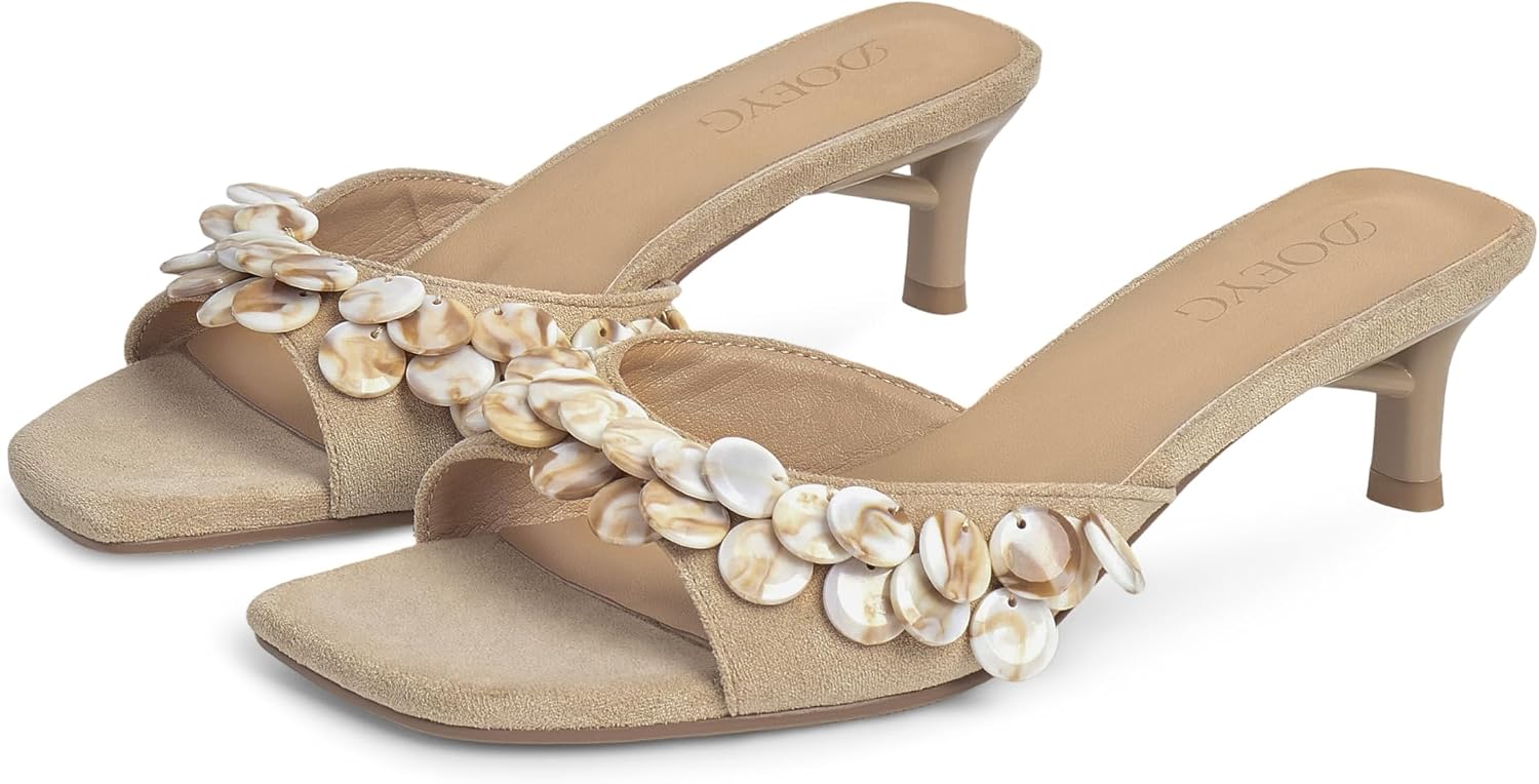 DOEYG Kitten Heel Sandals for Women Suede Slide Sandals Dressy Comfortable Square Open Toe Summer Slip on Mule heels Heeled Sandal with Ornamental Wooden Detail