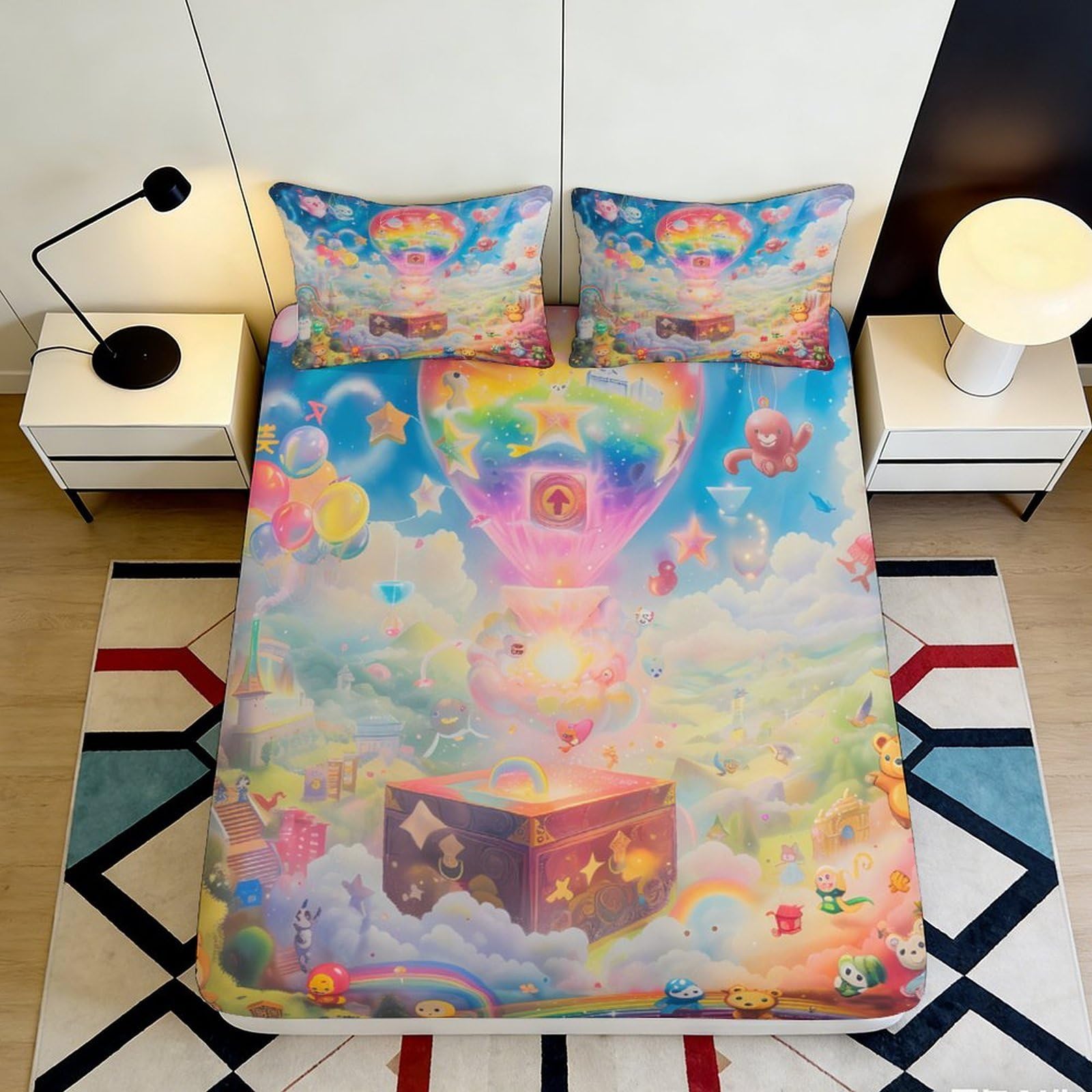Pnayamiorkfel Style-10 3D Printed Fantasy Hot Air Balloon Fitted Sheet Microfiber Colourful Cloud Dream Mattress Cover For Bedroom Dorm Decor 90X200x25cm