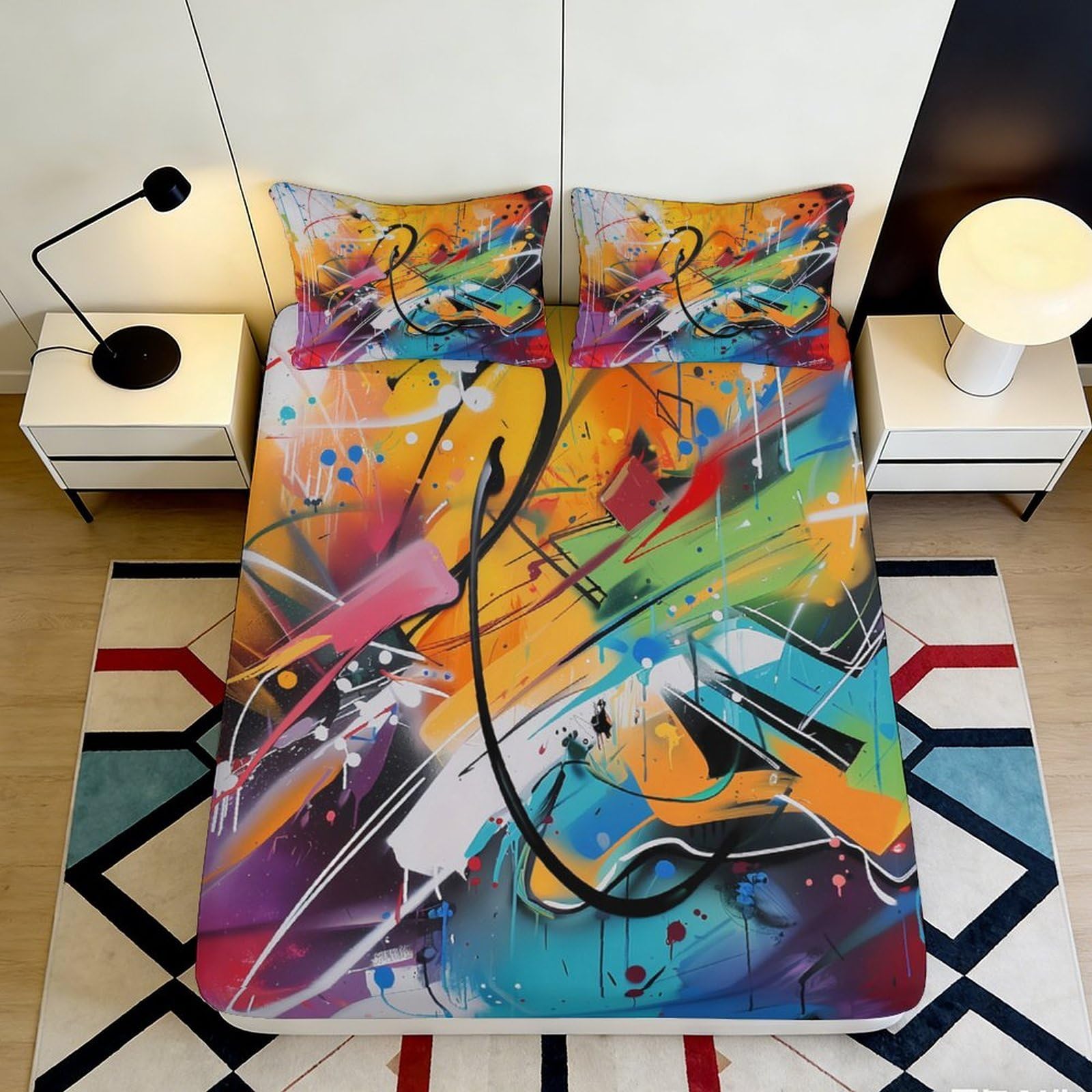 3D Printed Abstract Graffiti Fitted Sheet Microfiber Soft Breathable Colorful Spray Paint Bed Cover for Bedroom Dormitory Guest Room Mattress Protection 140x200x25cm