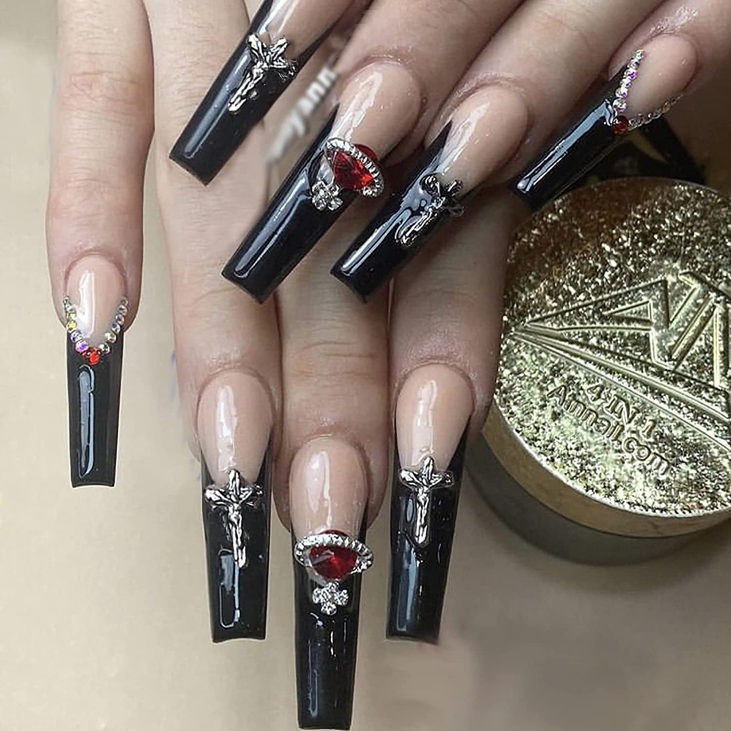 MISUD Press on Nails - Long Coffin Black Gothic Design