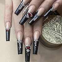 Vista 23 de MISUD Uñas postizas a presión – Uñas postizas largas con punta francesa negra, diseño de diamantes de imitación verde acrílico, 24 piezas