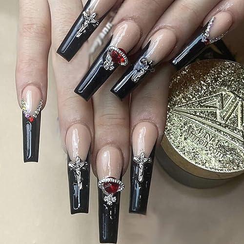 MISUD Uñas postizas largas a presión tipo ataúd, uñas postizas de bailarina, uñas adhesivas brillantes, uñas acrílicas blancas con punta francesa