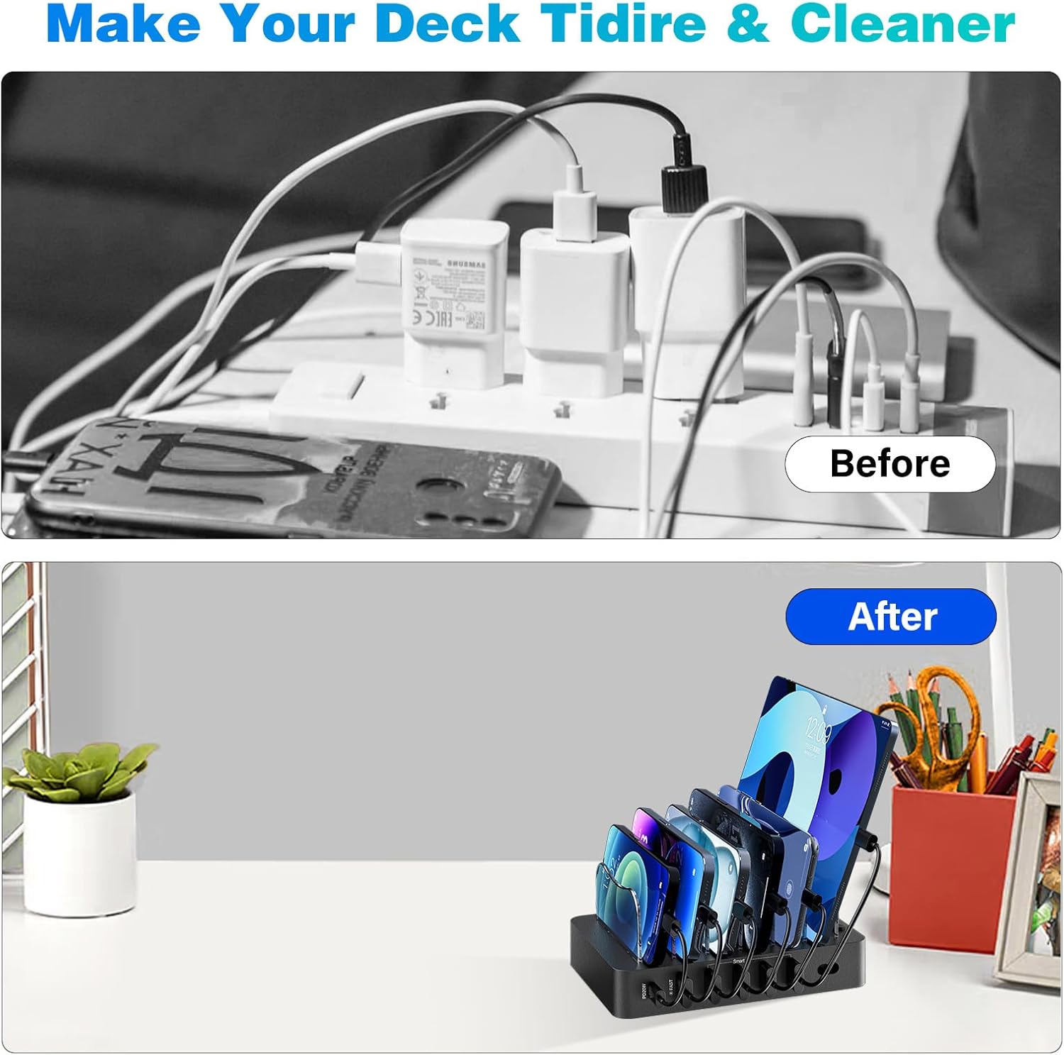 Charging Station for Multiple Devices 68W 6 Port Phone Charger Dock with 6 Cables, 20W Black Fast Charging Station Compatible with Apple Cellphone iPad iPhone Tablet