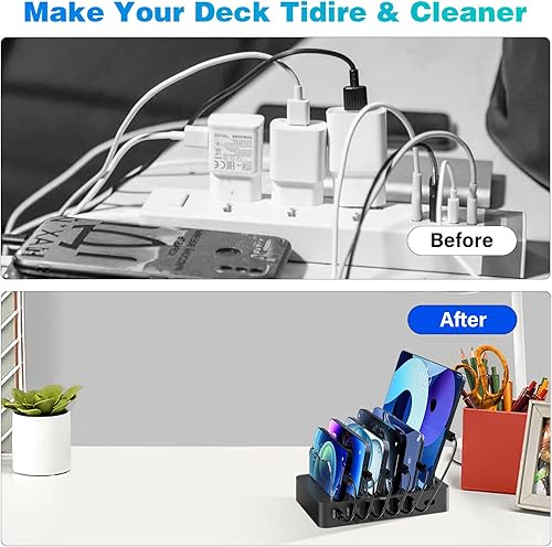 Miniatura 4 de Estación de carga para múltiples dispositivos 68W 6 puertos cargador de teléfono Dock con 6 cables, estación de carga rápida negra de 20 W