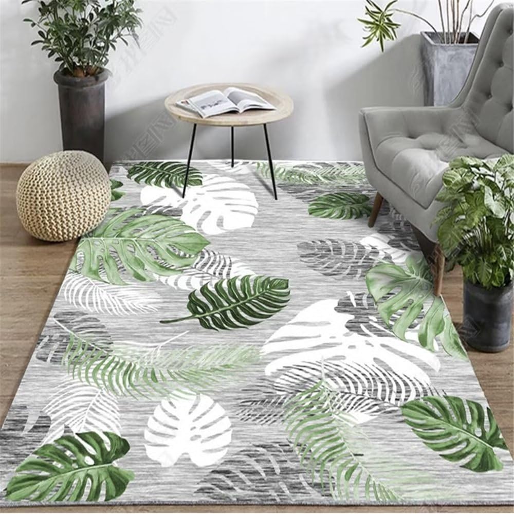 Tapis de chevet végétal gris et vert pour une chambre cosy