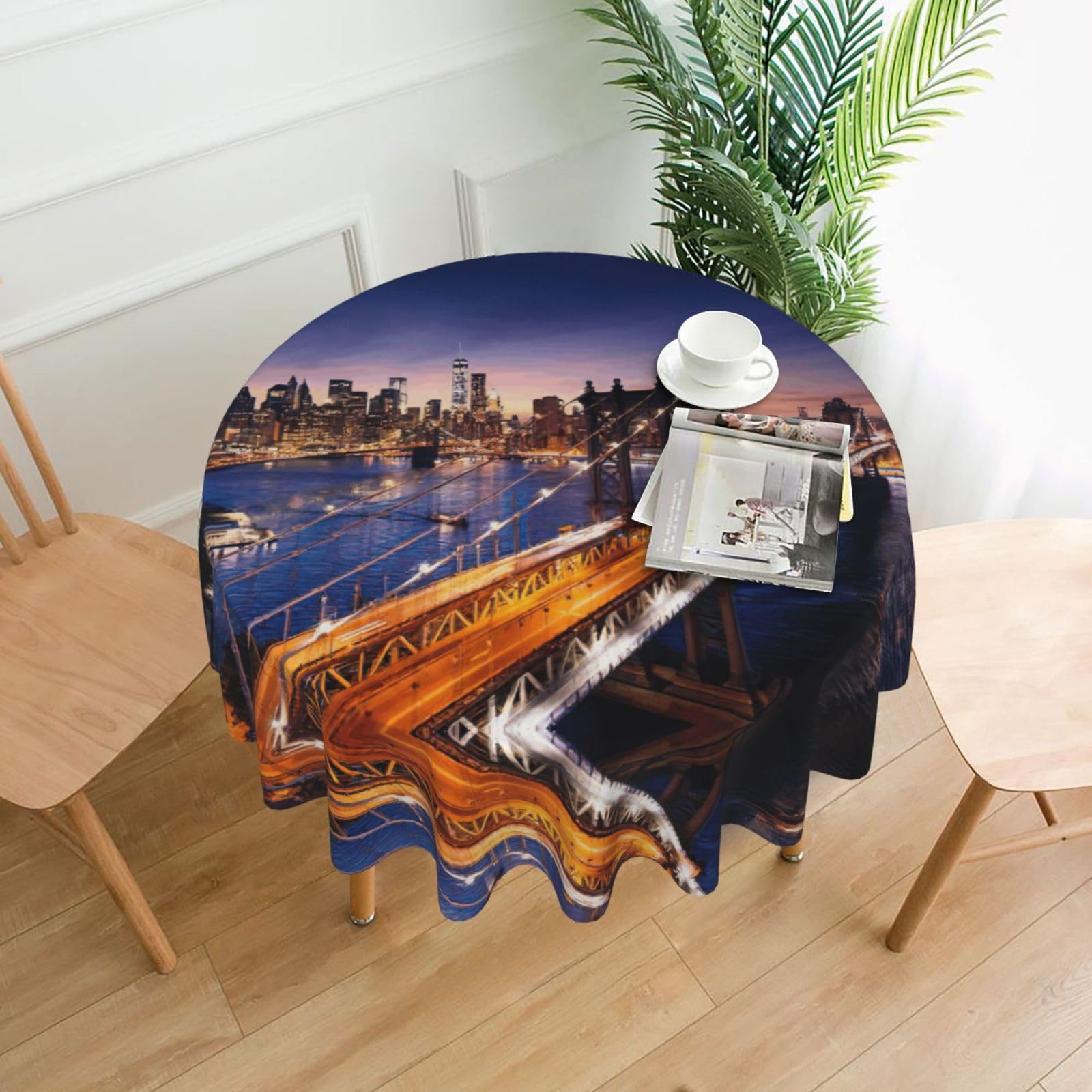 Zcmkjlg Brooklyn Bridge Print Quick Ship Round Tablecloth 60in Polyester Washable Cover for Dining Room