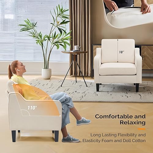 Miniatura 60 de VINGLI Silla decorativa moderna de mediados de siglo, sillas decorativas de tela beige para sala de estar, sillón tapizado, sofá con brazos