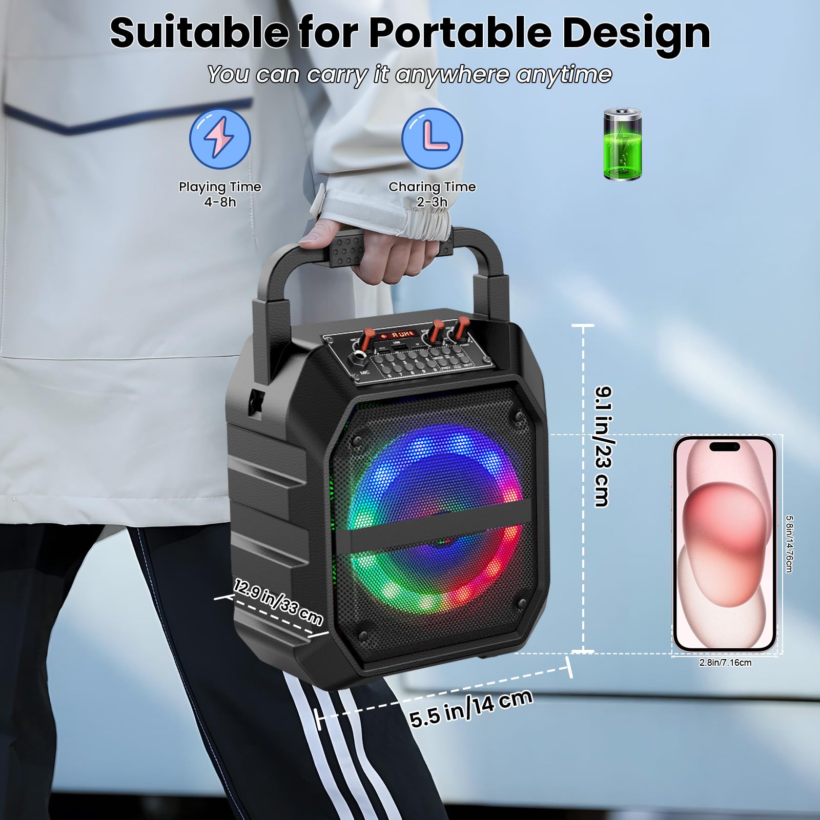 Karaoke Machine with Two Wireless Microphones,Portable Bluetooth Speaker with LED Lights, PA System, Supports TF Card/USB for Adults & Kids, for Girls Boys Families Home Party (Dark Black)